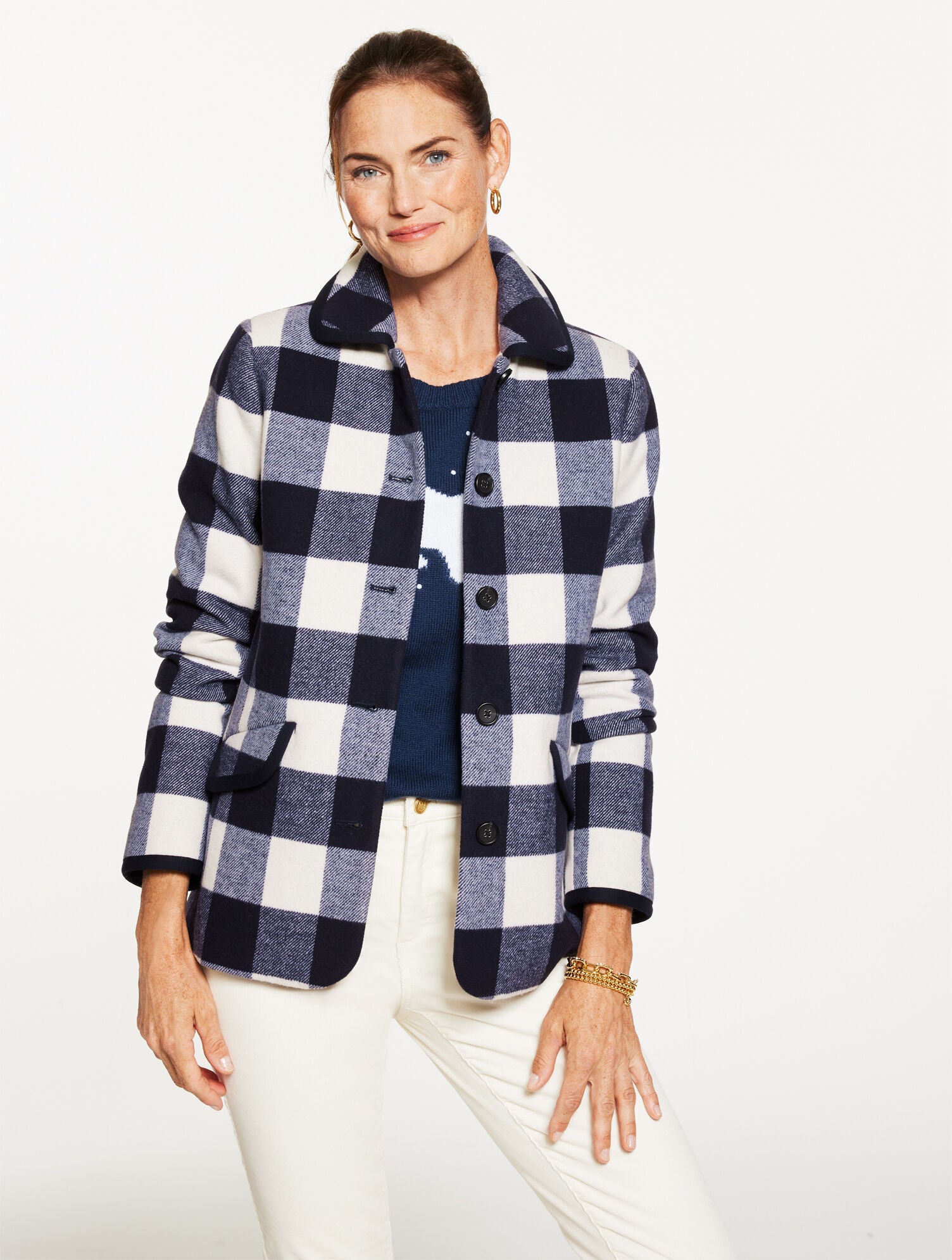 IVORY/INDIGO BUFFALO CHECK TIPPED JACKET | Talbots on sale