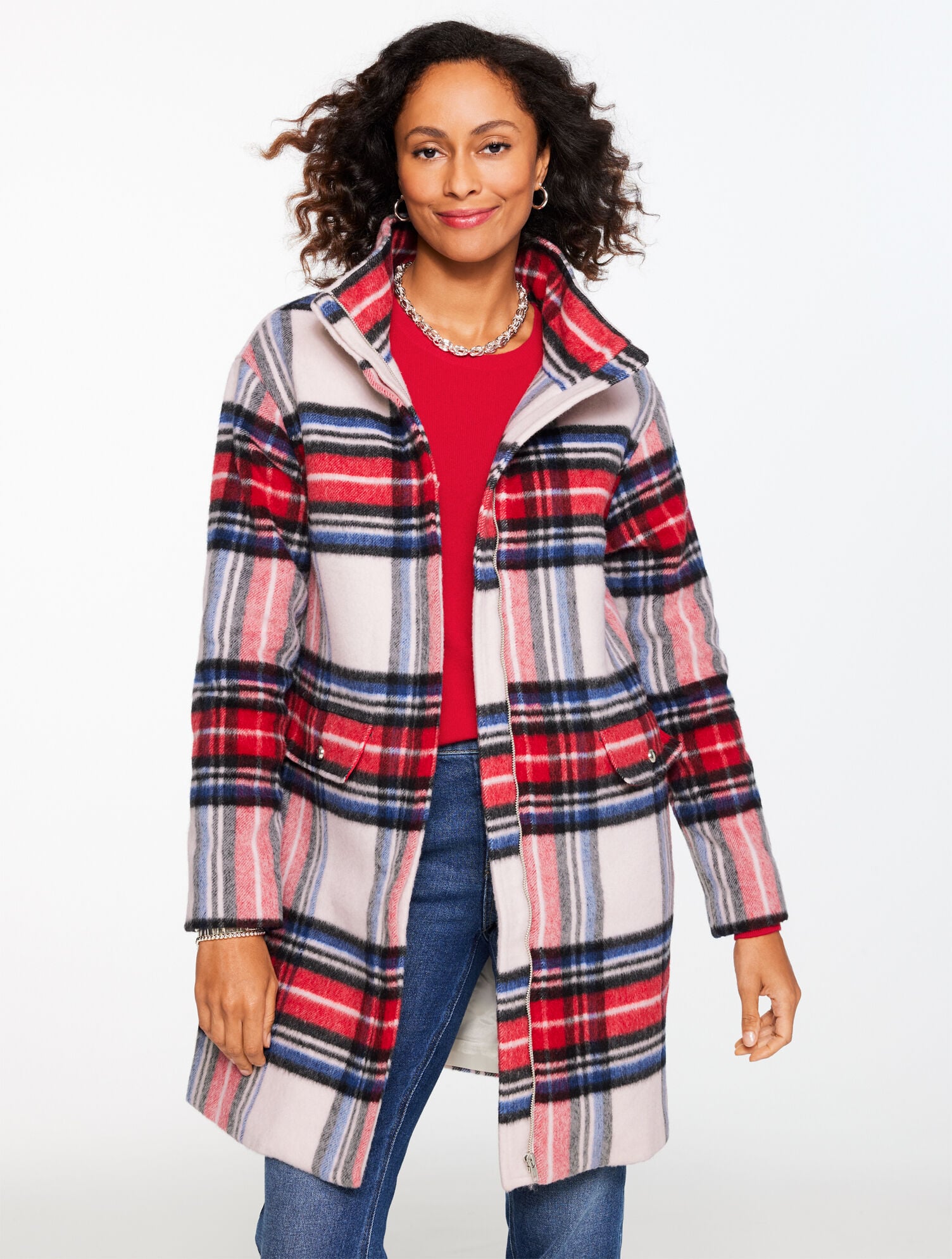 IVORY MULTI WOOL BLEND STADIUM COAT - FIRESIDE PLAID | Talbots online