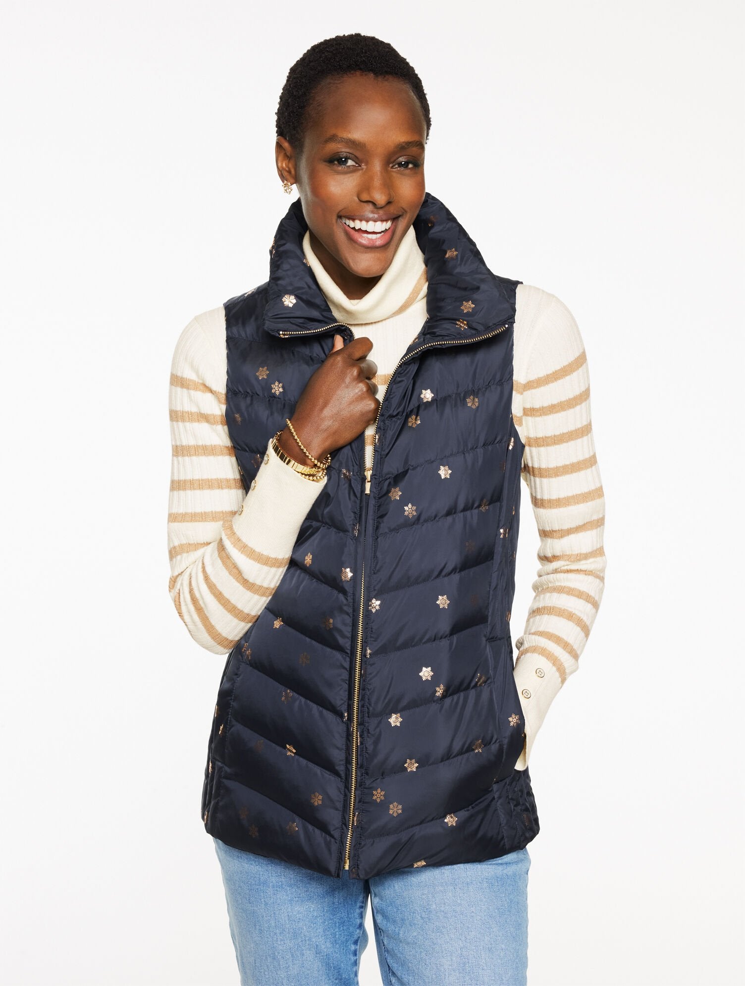 INDIGO/GOLD FOIL DOWN PUFFER VEST - SCATTERED SNOWFLAKES | Talbots online