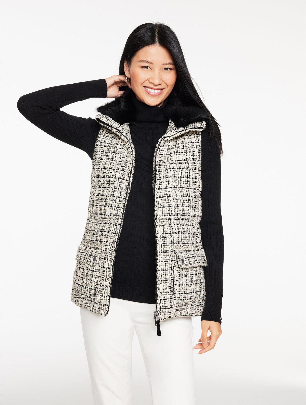 IVORY/BLACK TWEED KNIT PUFFER VEST | Talbots sale