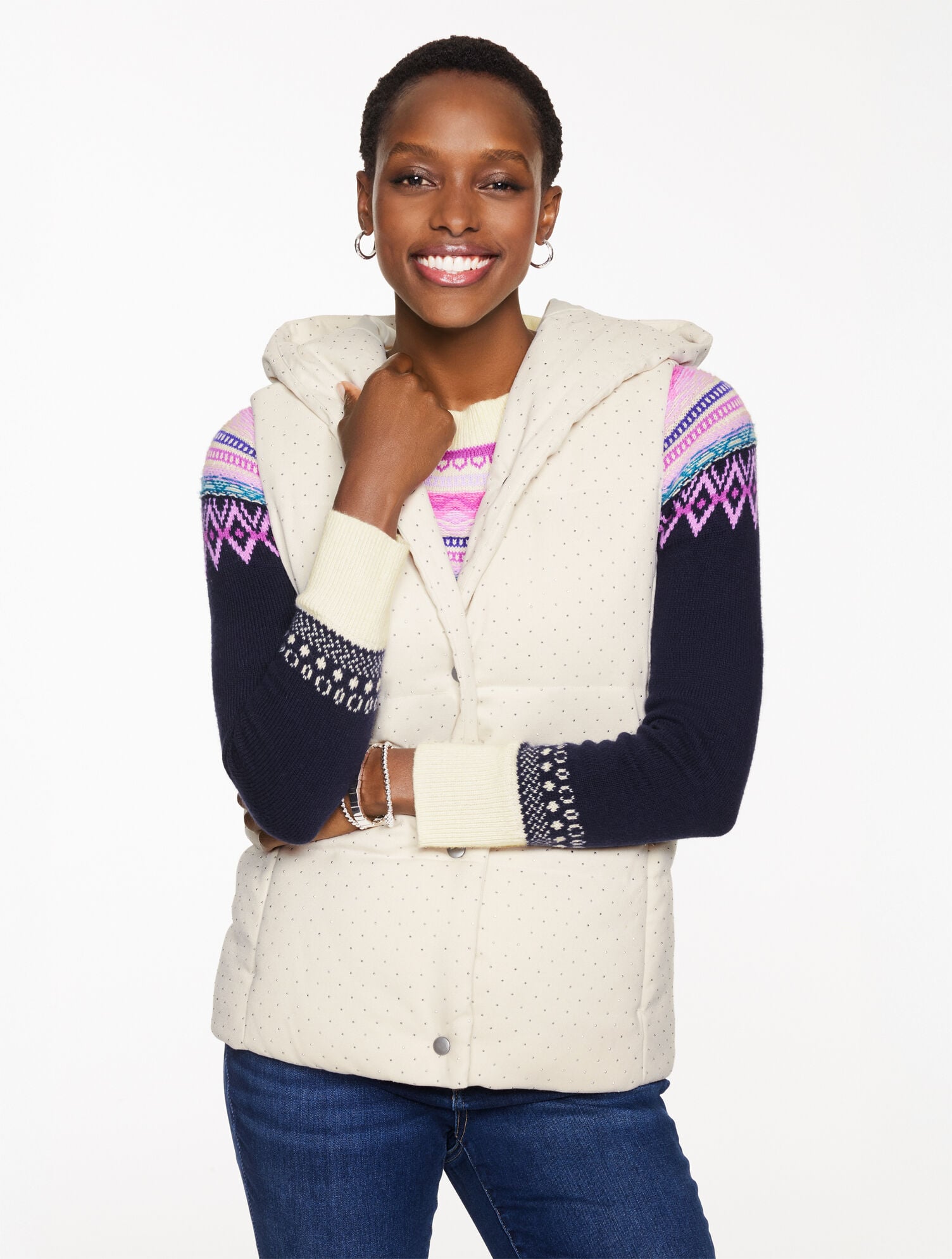 PARCHMENT/SILVER STUDDED FLANNEL HOODED VEST | Talbots US