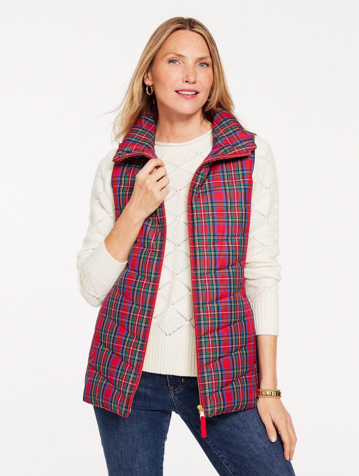 RED POP/GOLDEN HONEY DOWN PUFFER VEST - BLISSFUL PLAID | Talbots discount