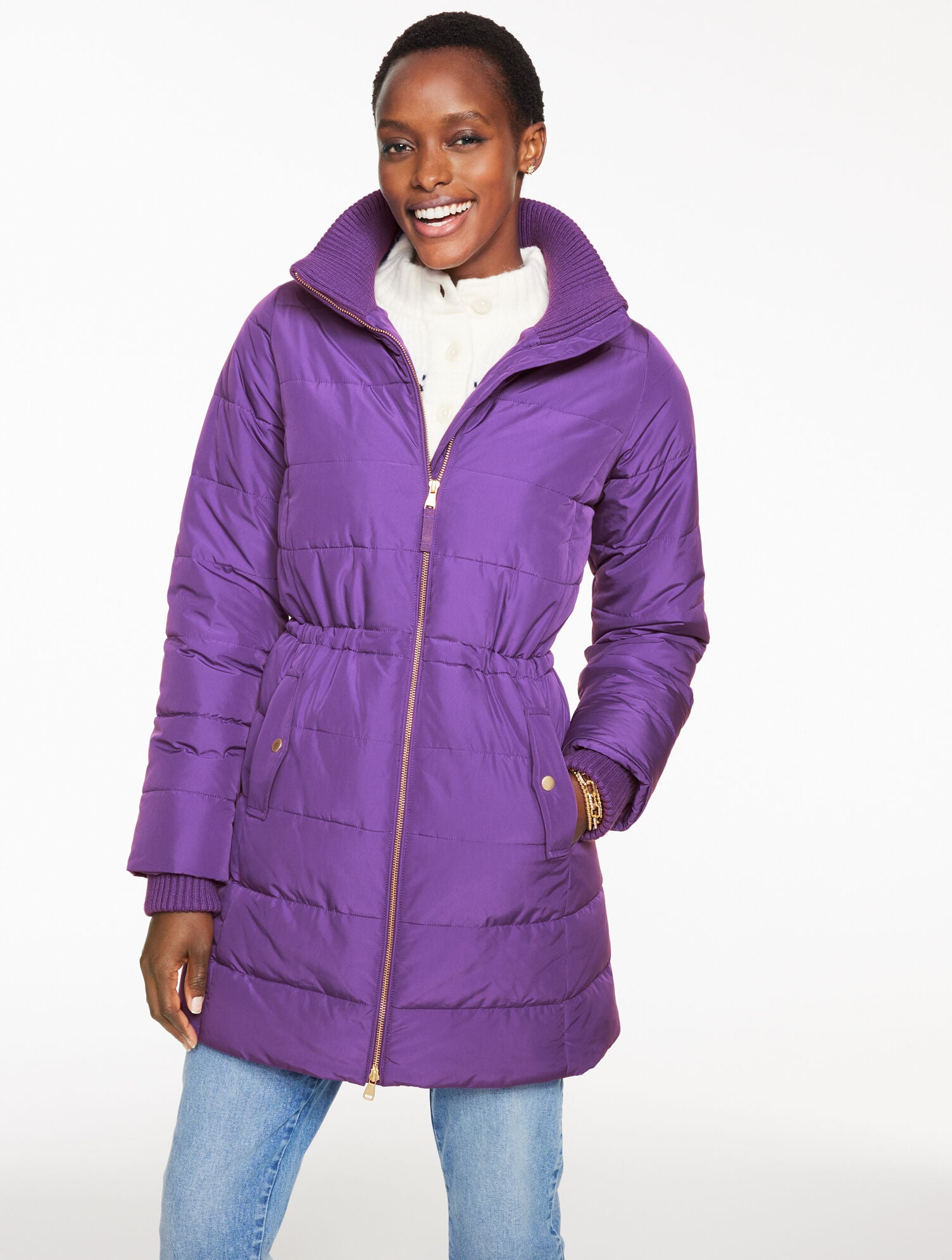 VIOLA PURPLE CABLE KNIT QUILTED JACKET | Talbots near me