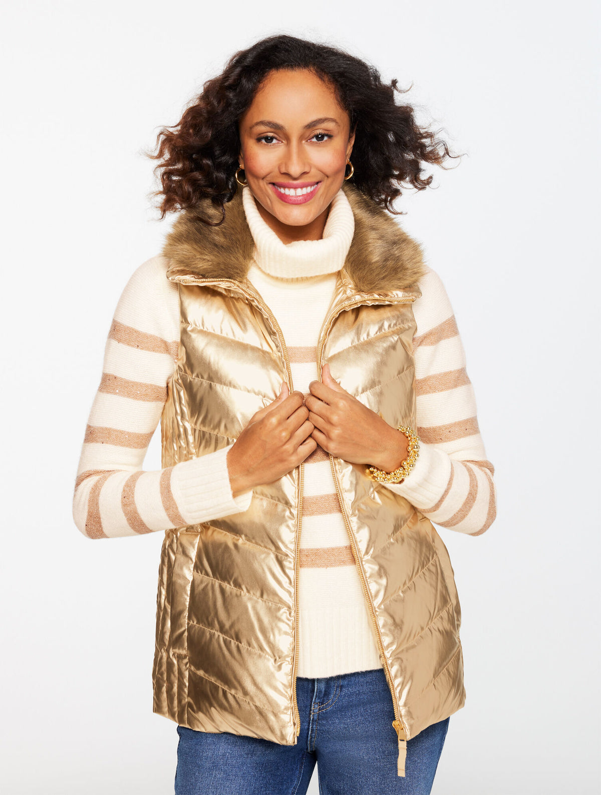 GOLD/TAUPE QUILTED PUFFER VEST - METALLIC | Talbots outlet