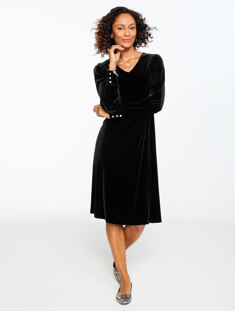 BLACK STRETCH VELVET V-NECK DRESS | Talbots near me
