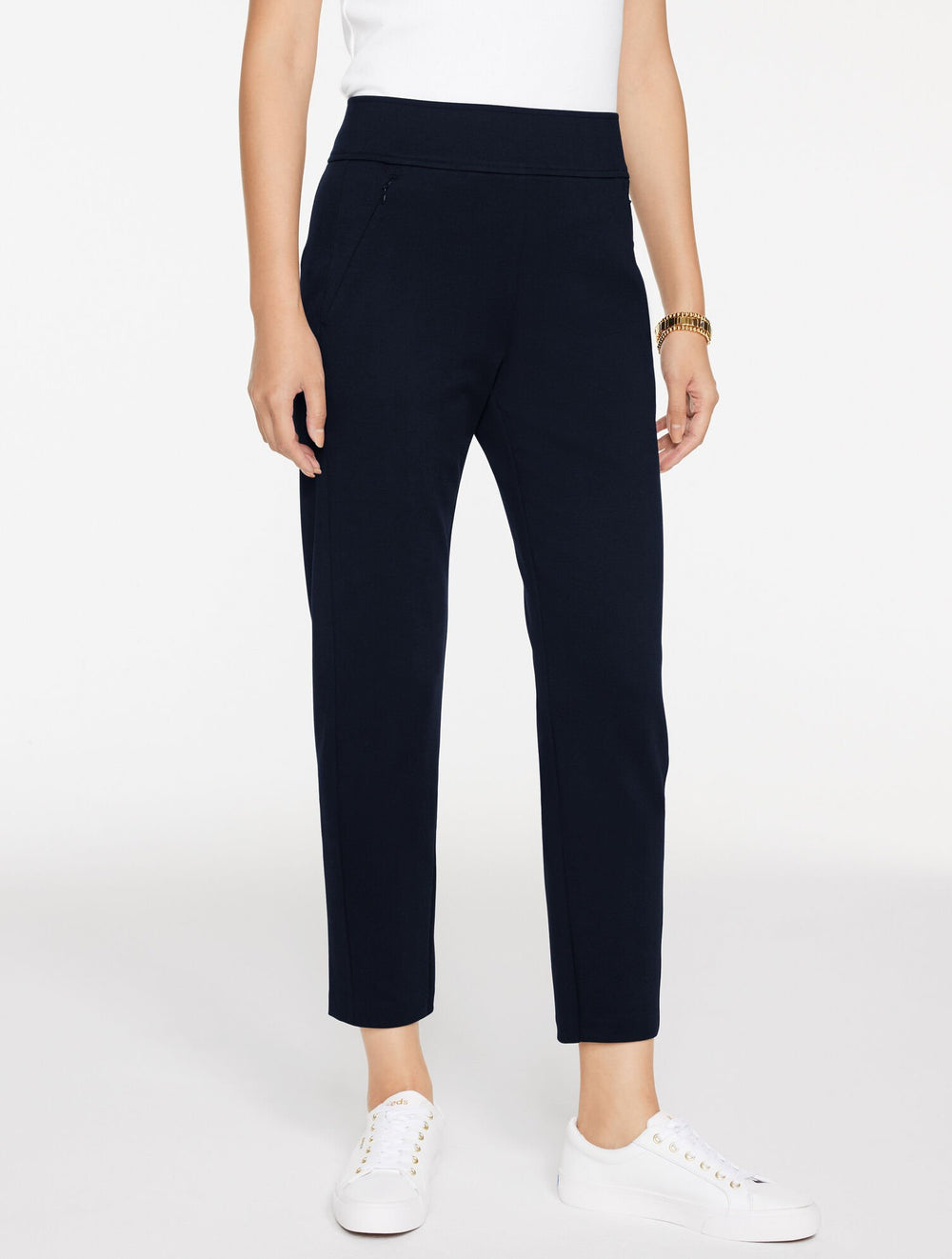 BLACK|INDIGO BLUE TAPERED LEG PASSPORT PONTE PANTS | Talbots discount