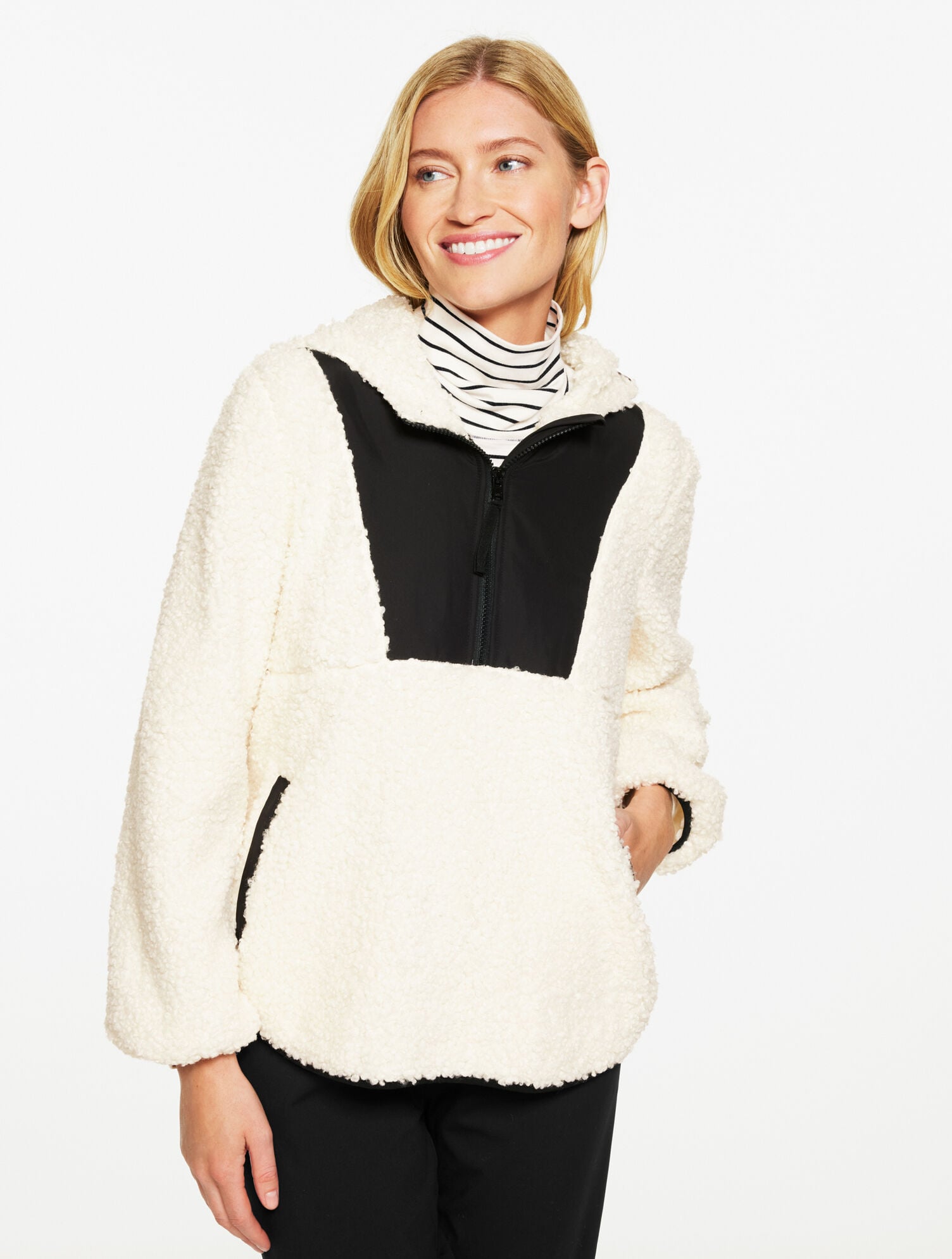 IVORY SHERPA HALF-ZIP HOODED PULLOVER - COLORBLOCK | Talbots outlet