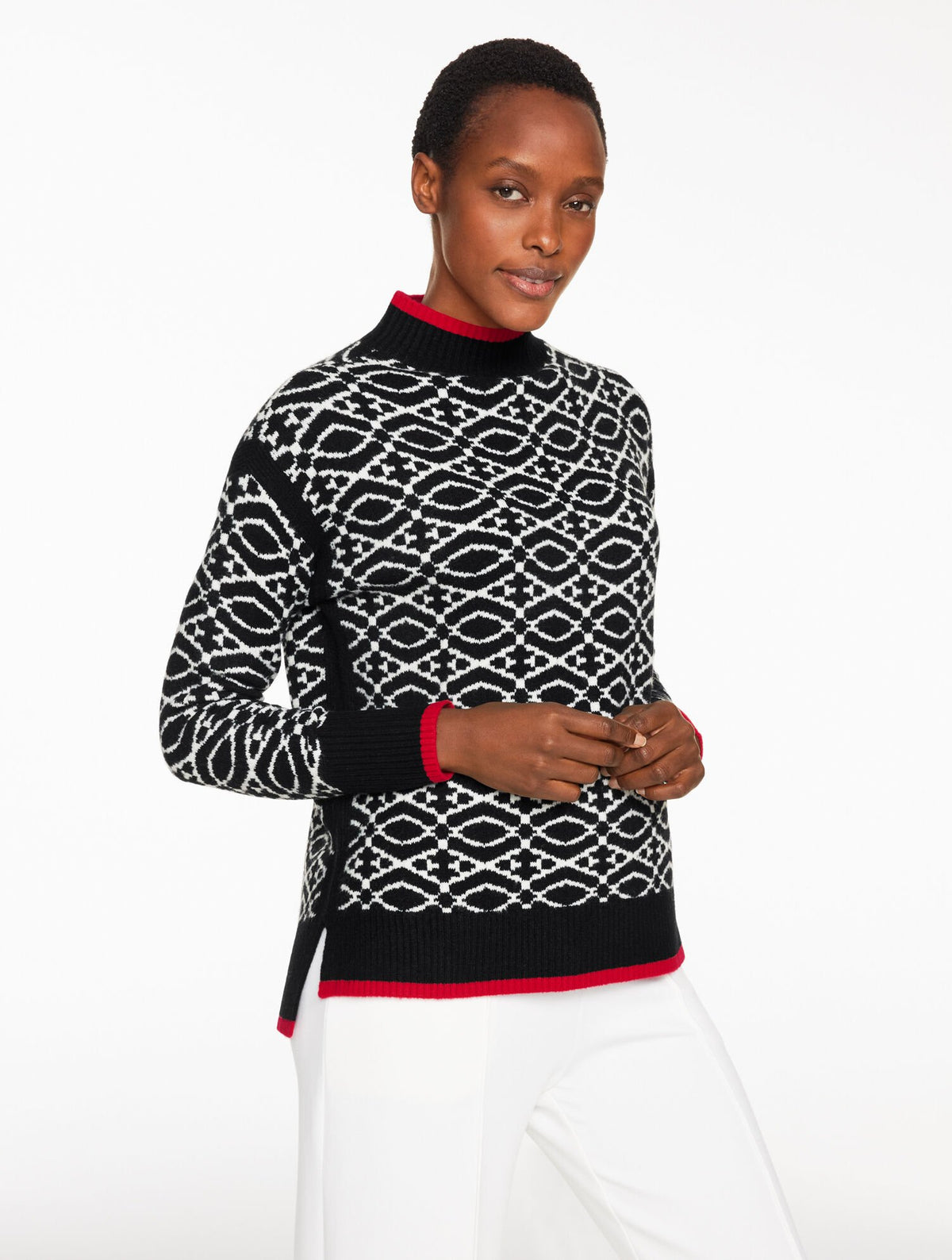 BLACK/IVORY MOCKNECK SWEATER - LATTICE LODGE | Talbots US