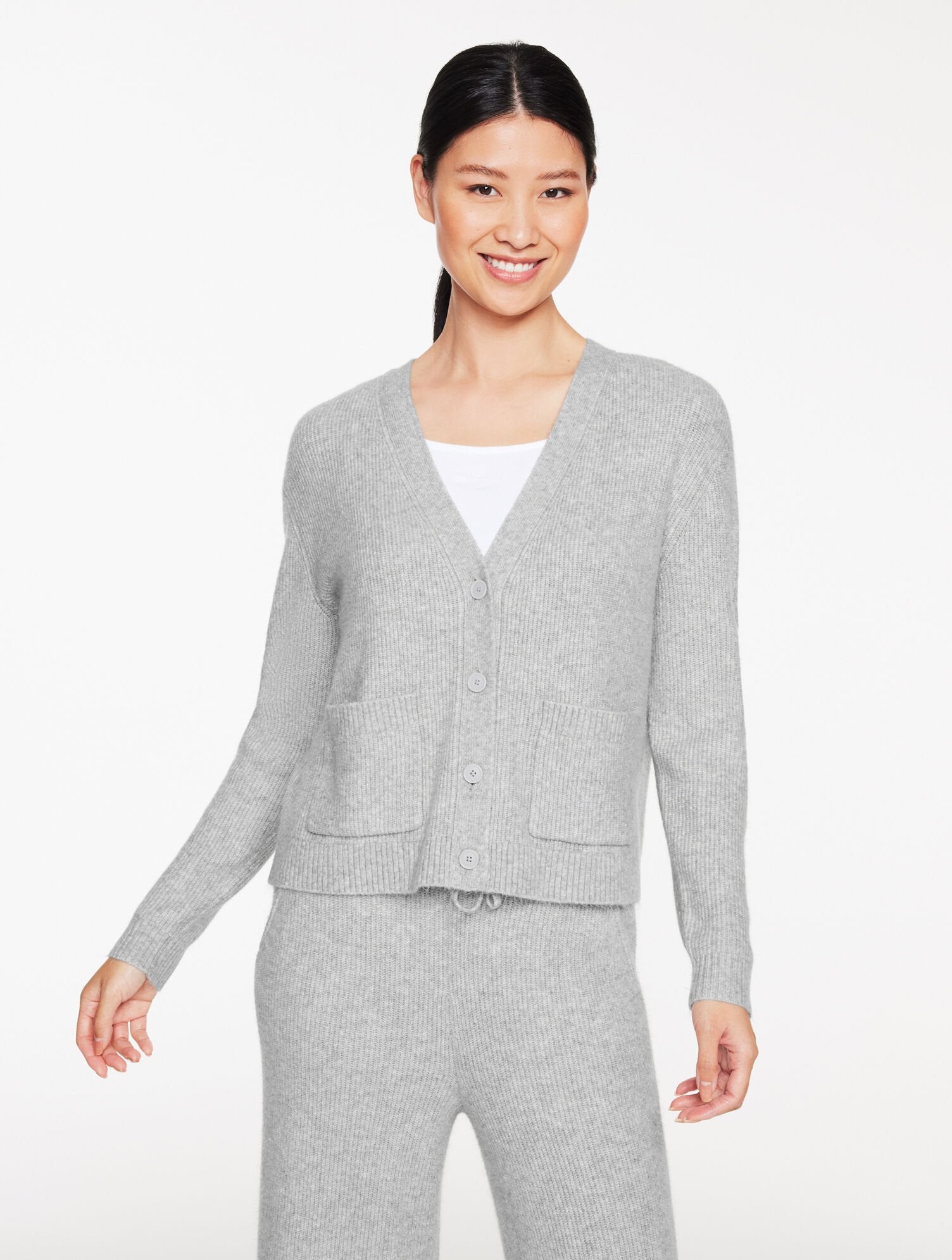GREY SKY HEATHER RIBBED V-NECK CARDIGAN | Talbots online