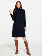 INDIGO BLUE|RED POP FLEECE SIDE BUTTON TURTLENECK DRESS | Talbots discount