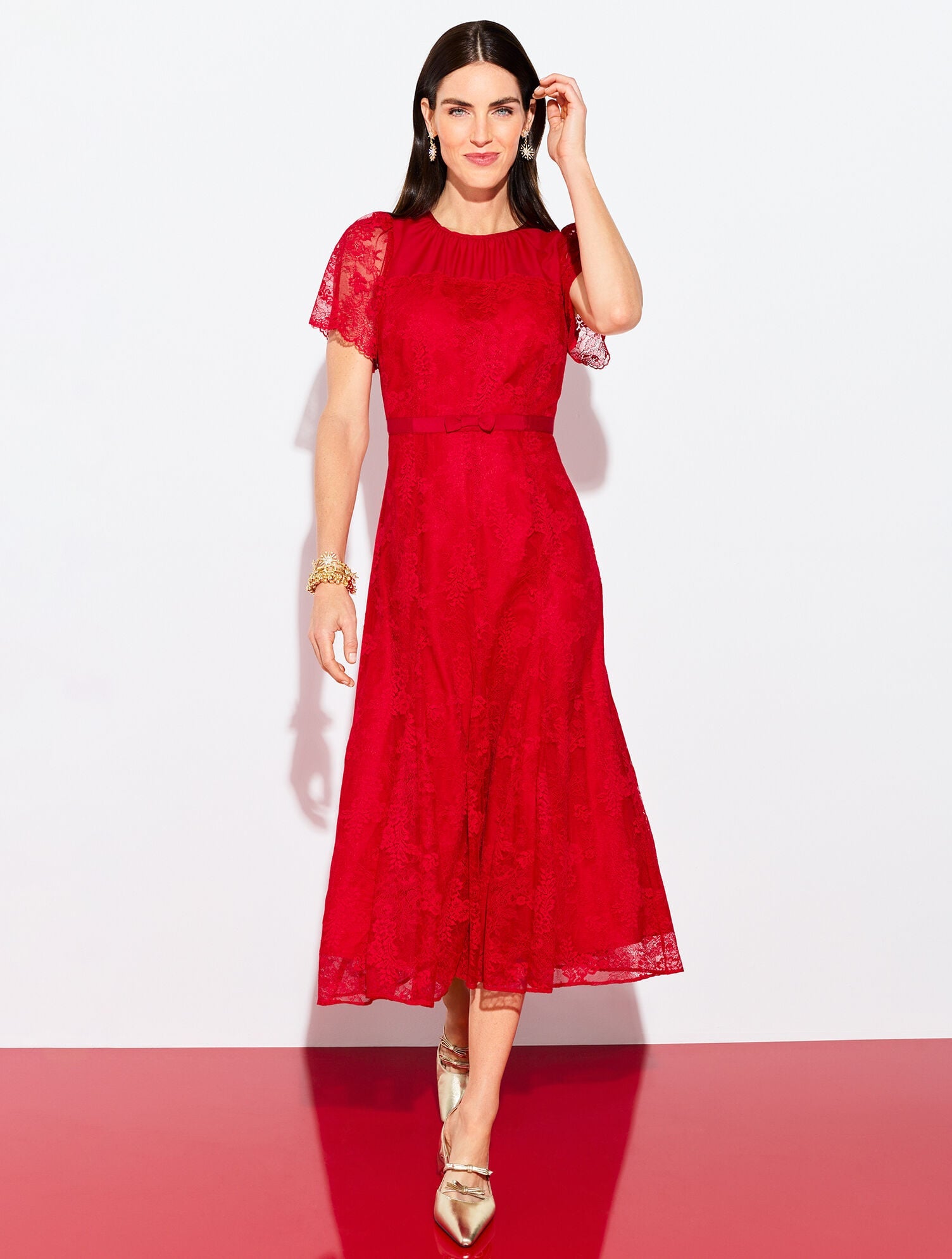RED POP CHANTILLY LACE FIT & FLARE MIDI DRESS | Talbots online