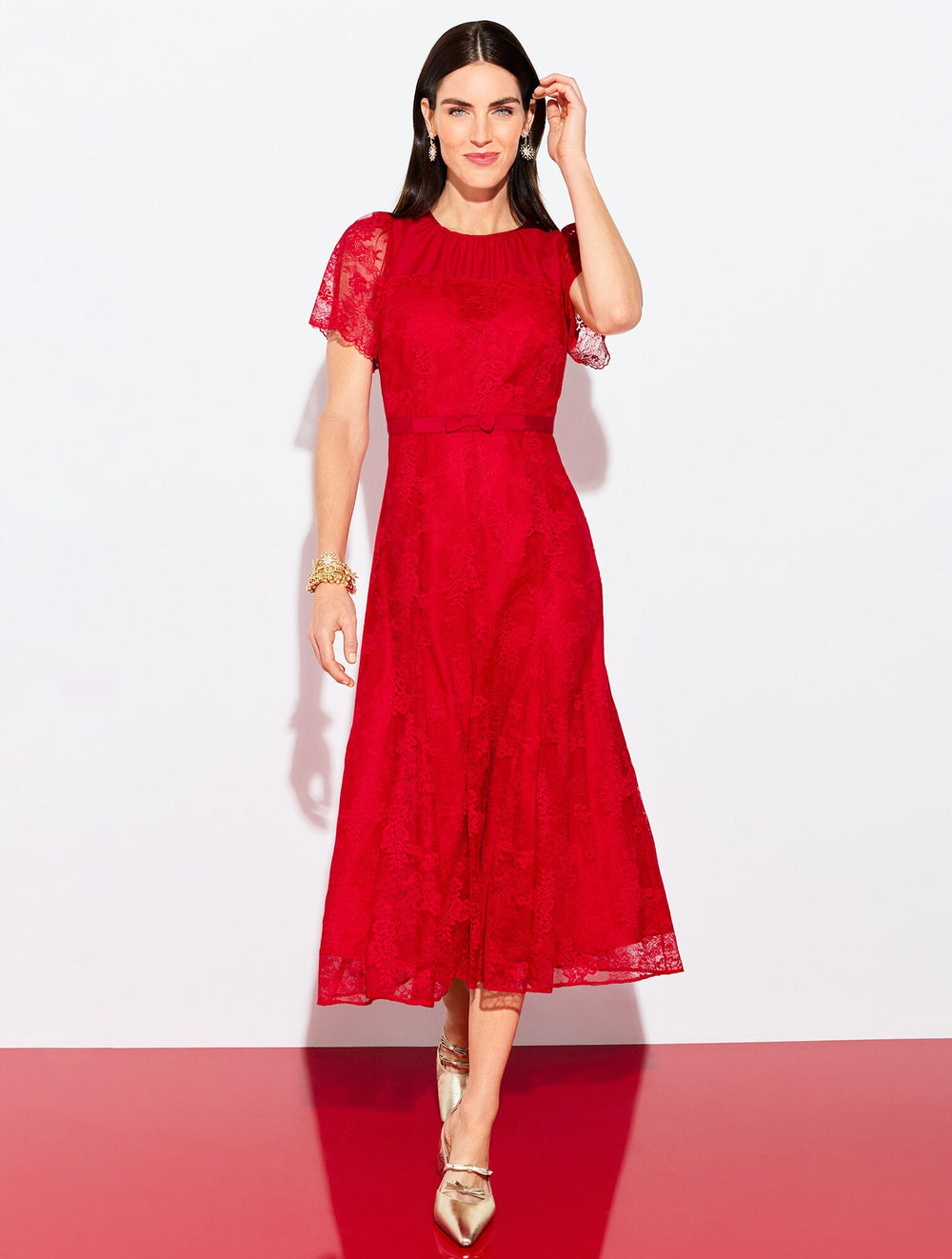 RED POP CHANTILLY LACE FIT & FLARE MIDI DRESS | Talbots online