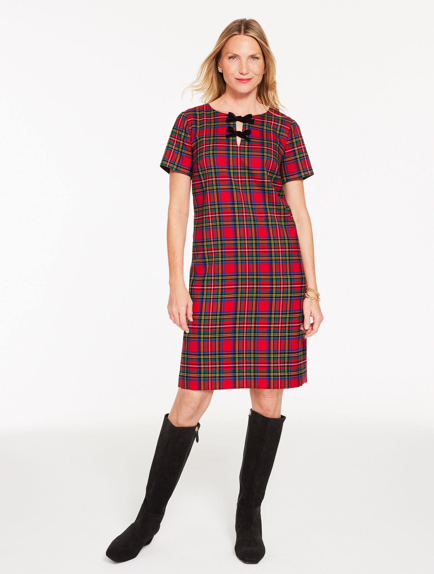 RED POP MULTI BOW SHEATH DRESS - BLISSFUL PLAID | Talbots on sale