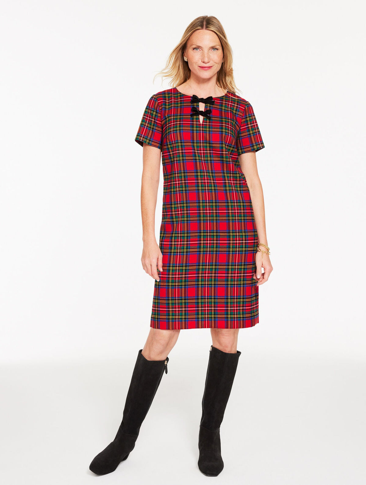 RED POP MULTI BOW SHEATH DRESS - BLISSFUL PLAID | Talbots on sale