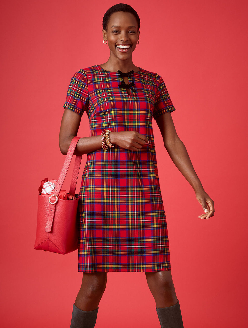 RED POP MULTI BOW SHEATH DRESS - BLISSFUL PLAID | Talbots on sale