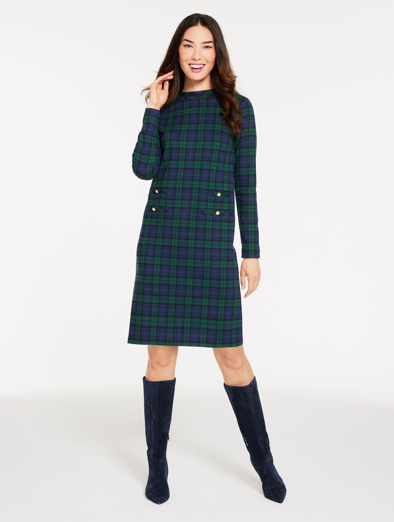 INDIA INK/HIGHLAND GREEN MOCKNECK SHIFT DRESS - BEDFORD BLACK WATCH | Talbots outlet