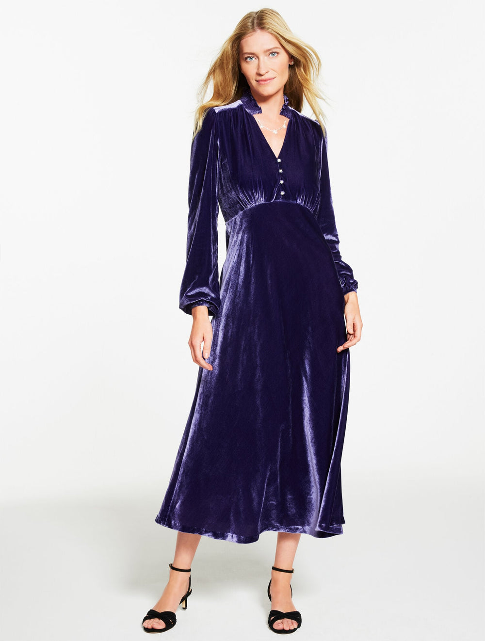 PURPLE SAPPHIRE VELVET FIT & FLARE MIDI DRESS | Talbots near me