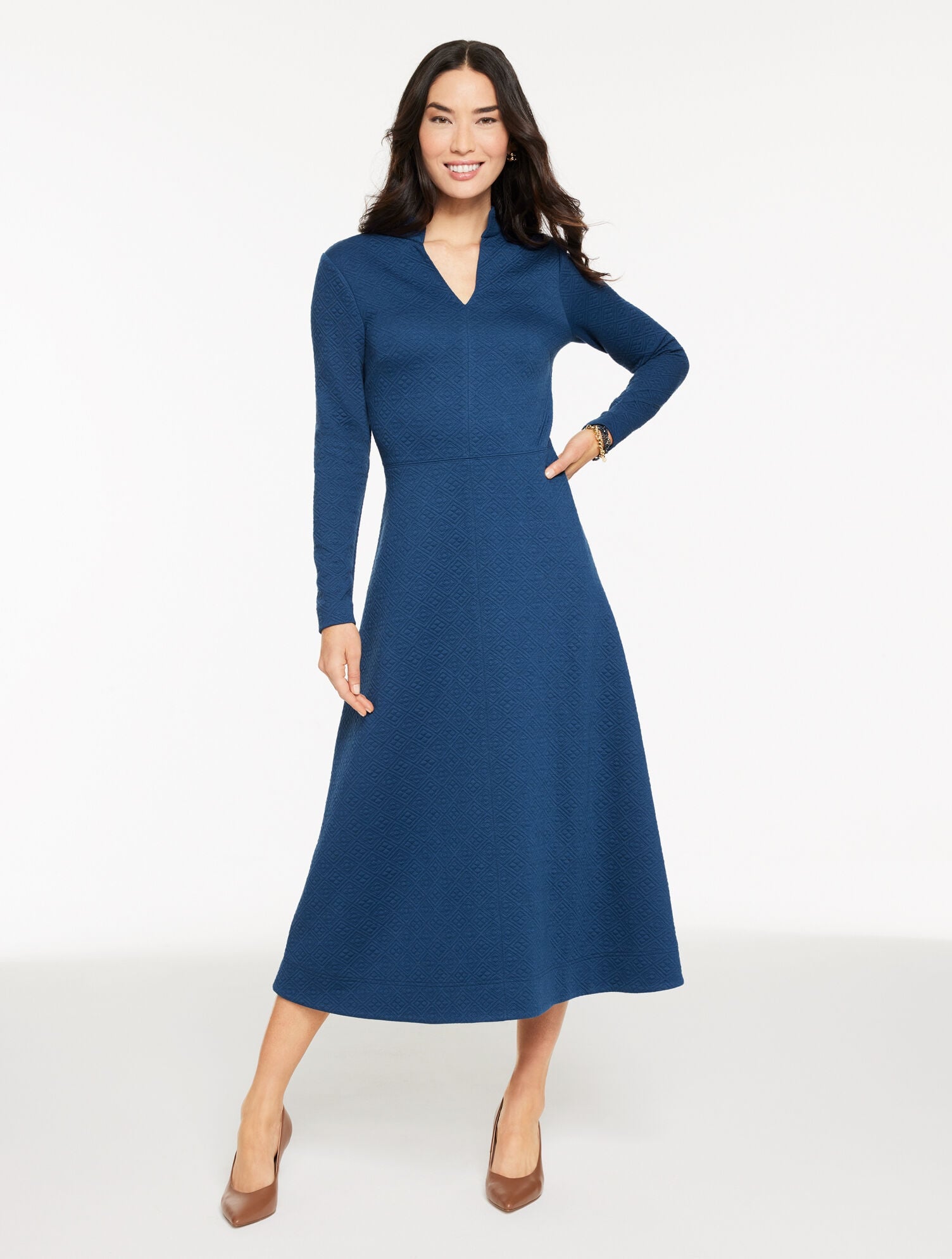 DARK NAVY DUSK DIAMOND JACQUARD FIT & FLARE DRESS | Talbots discount