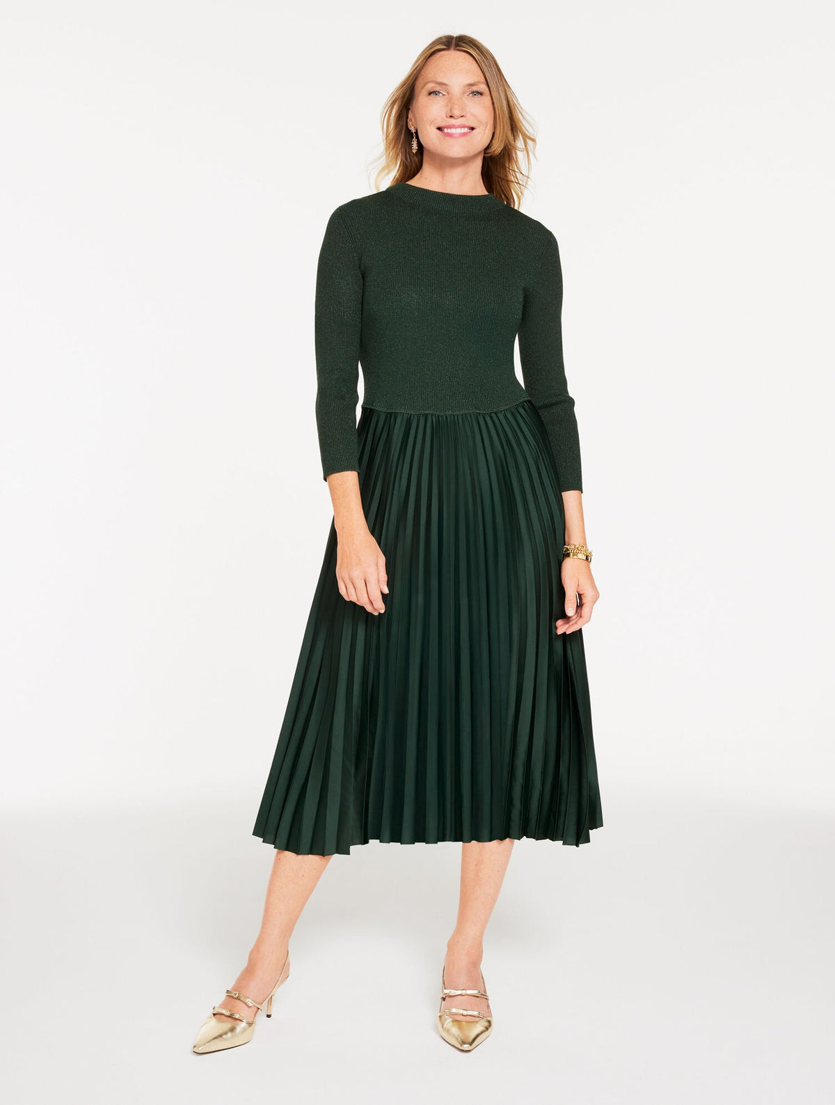 EMERALD GREEN MIXED MEDIA PLEATED MIDI DRESS | Talbots for sale