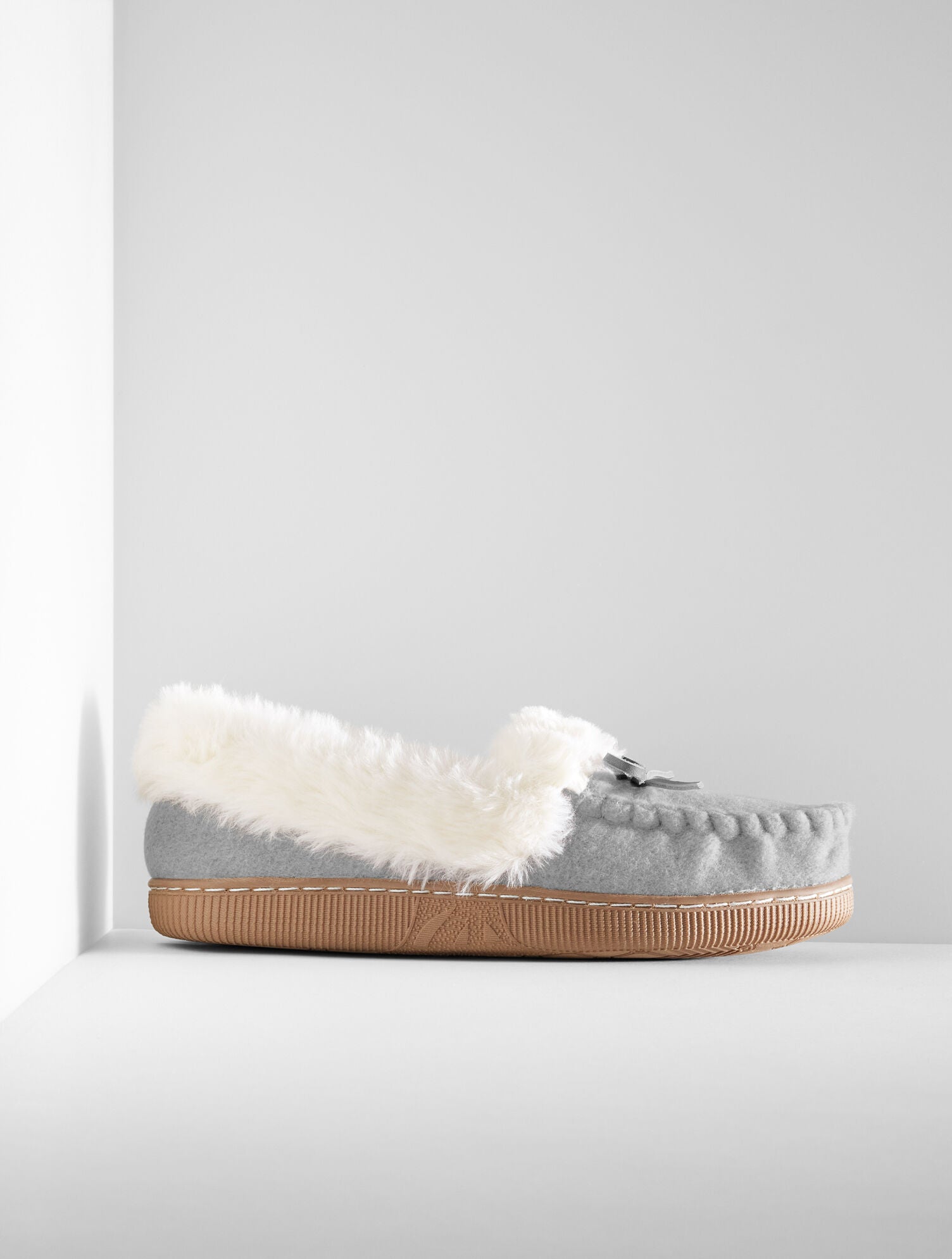LIGHT GREY CLEO FLANNEL FAUX FUR MOCCASINS | Talbots outlet