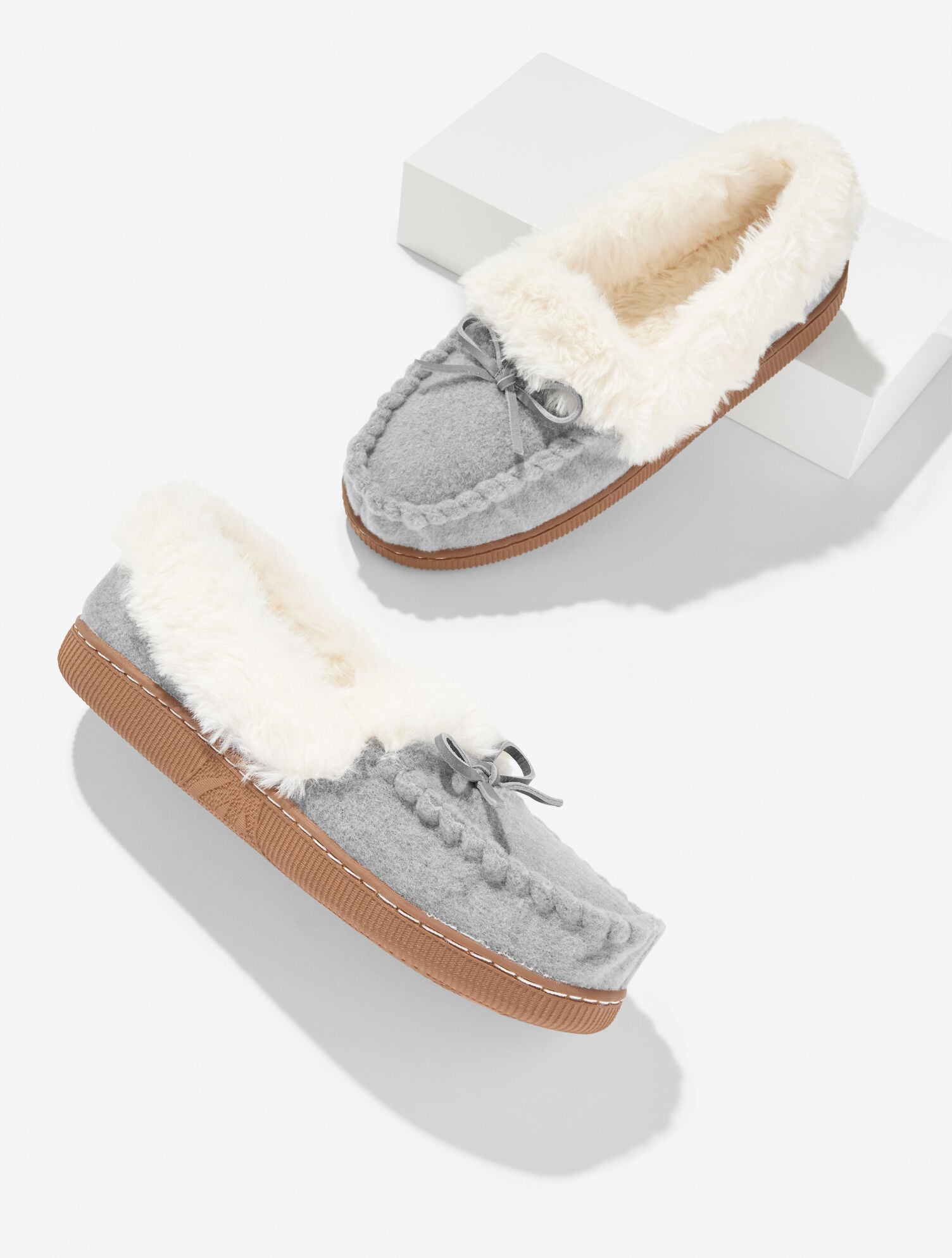 LIGHT GREY CLEO FLANNEL FAUX FUR MOCCASINS | Talbots outlet