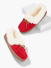 PURPLE ROSE|RED POP CLEO SUEDE FAUX FUR MOCCASINS | Talbots sale
