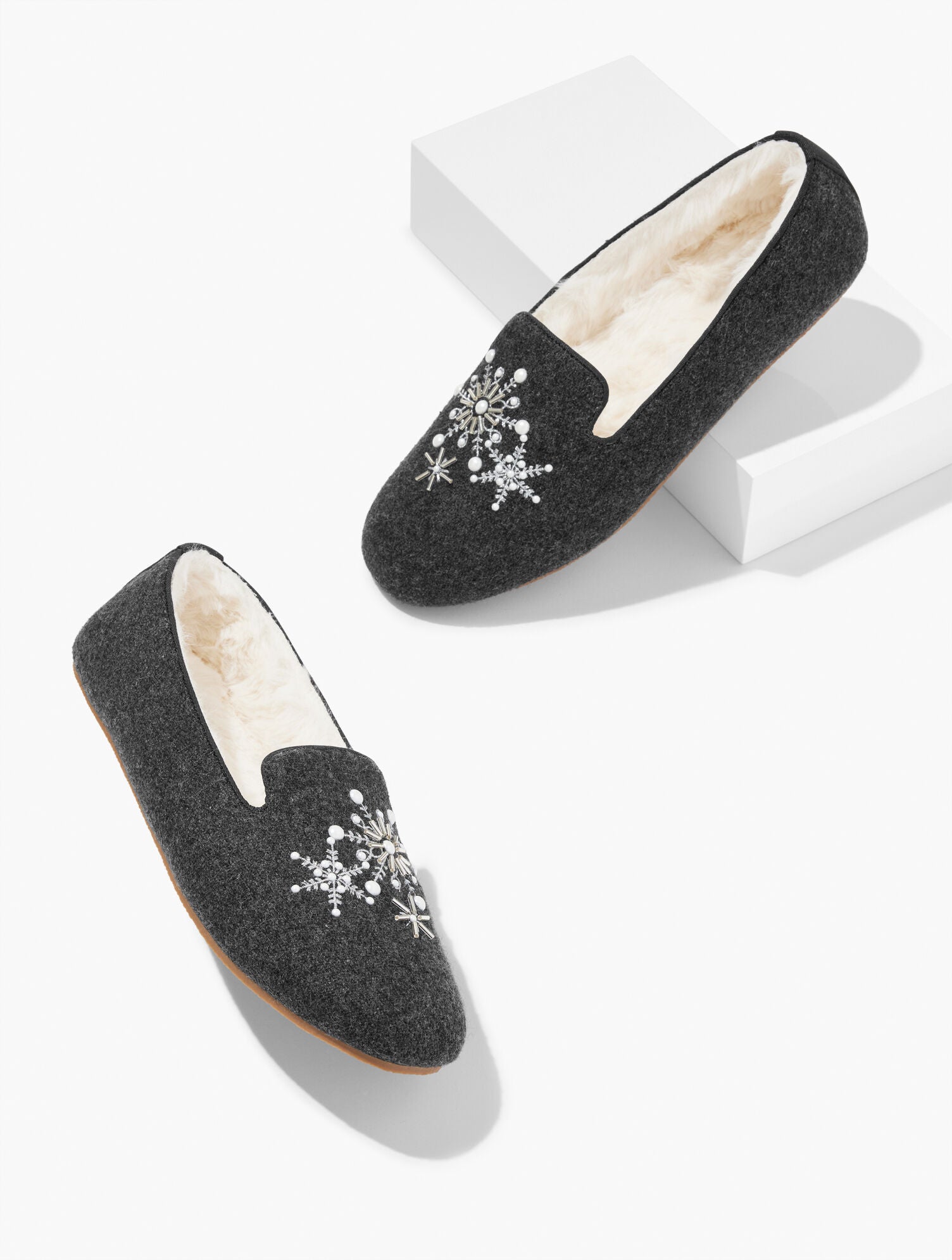 MEDIUM GREY FIRESIDE EMBELLISHED FLANNEL SLIPPERS - SNOWFLAKE | Talbots US