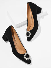 BLACK|INDIGO KAYLA EMBELLISHED SUEDE BLOCK HEEL PUMPS | Talbots for sale