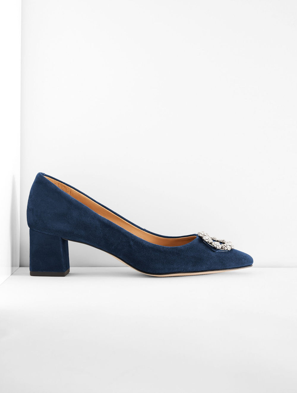 BLACK|INDIGO KAYLA EMBELLISHED SUEDE BLOCK HEEL PUMPS | Talbots for sale