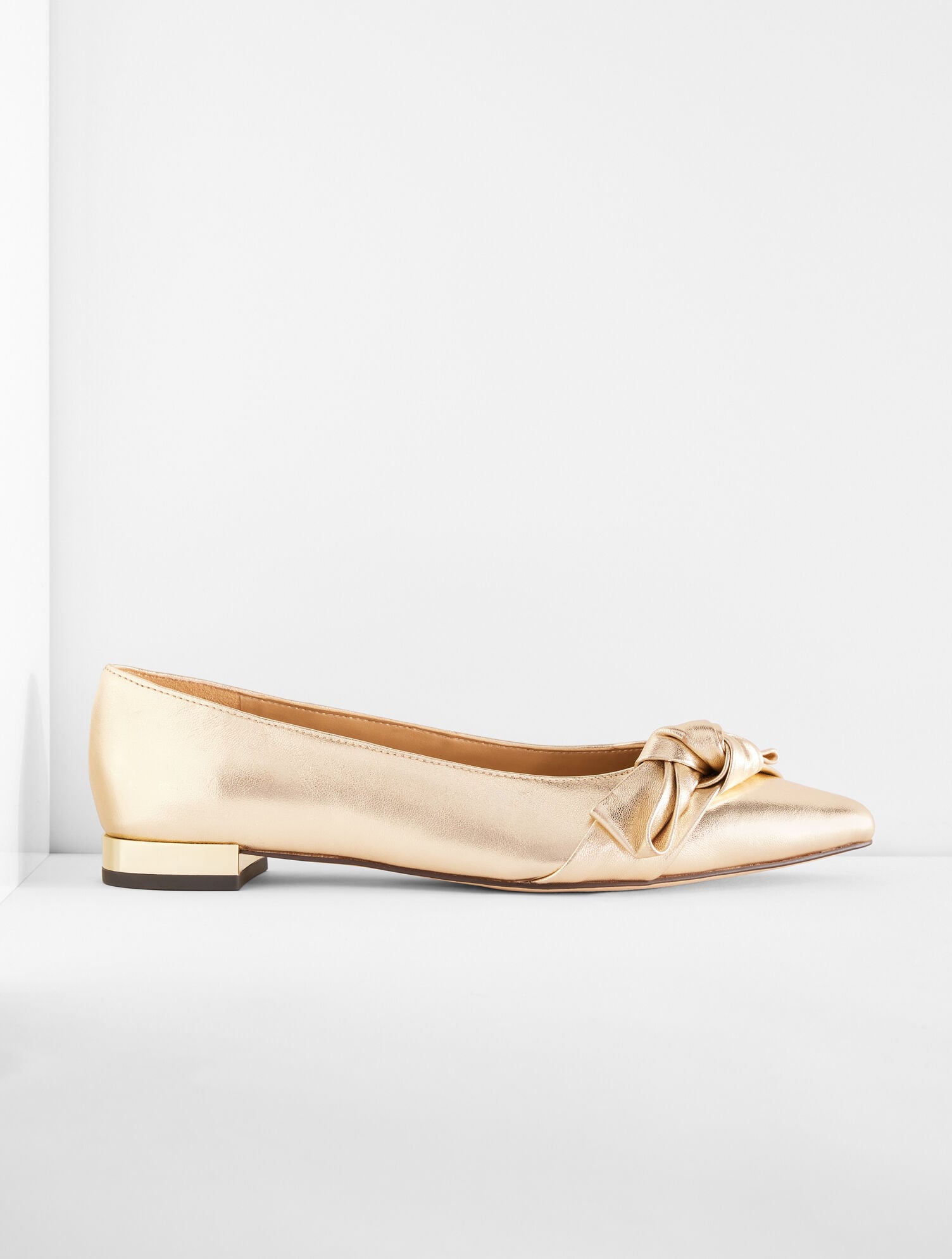 GOLD PORTIA BOW METALLIC LEATHER FLATS | Talbots outlet