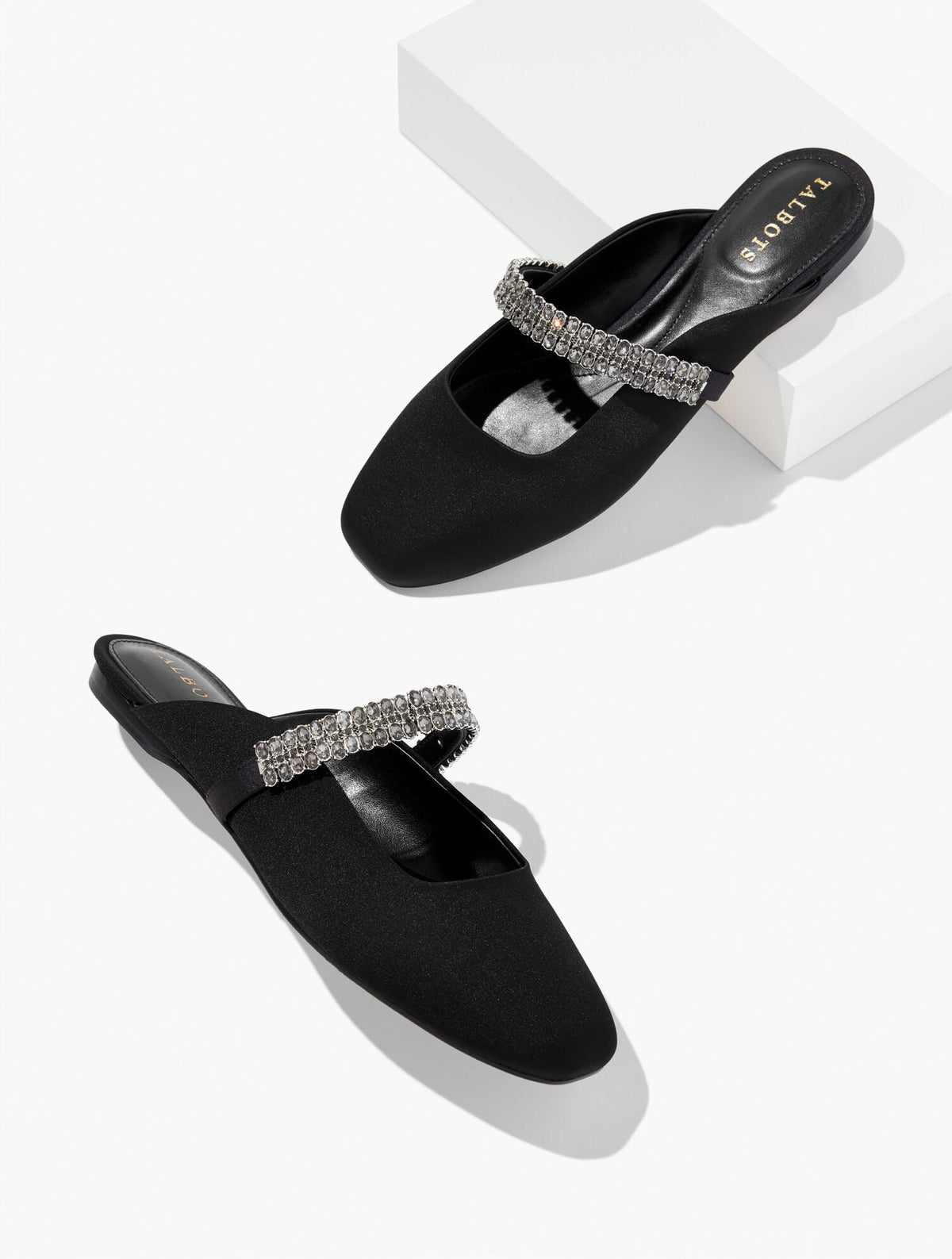 BLACK SLOANE EMBELLISHED SATIN MULES | Talbots near me