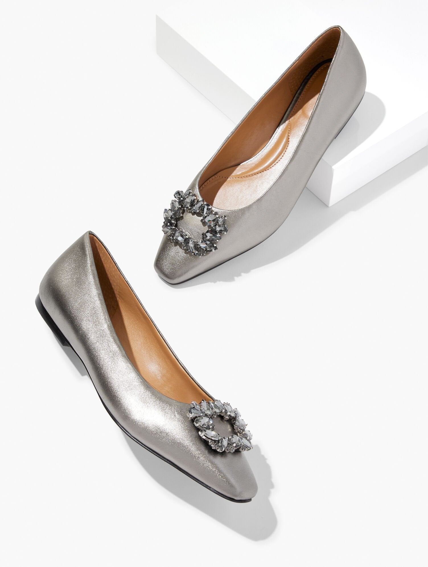 GUNMETAL WHITLEY CRYSTAL METALLIC LEATHER FLAT | Talbots outlet