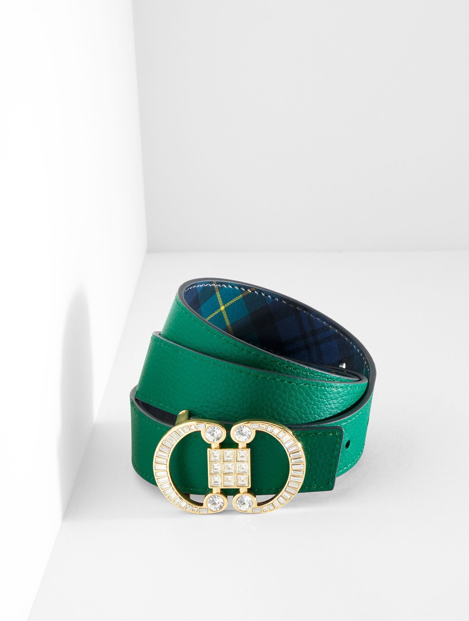 LUSH GREEN MULTI CRYSTAL EMBELLISHED REVERSIBLE PEBBLE LEATHER BELT | Talbots for sale