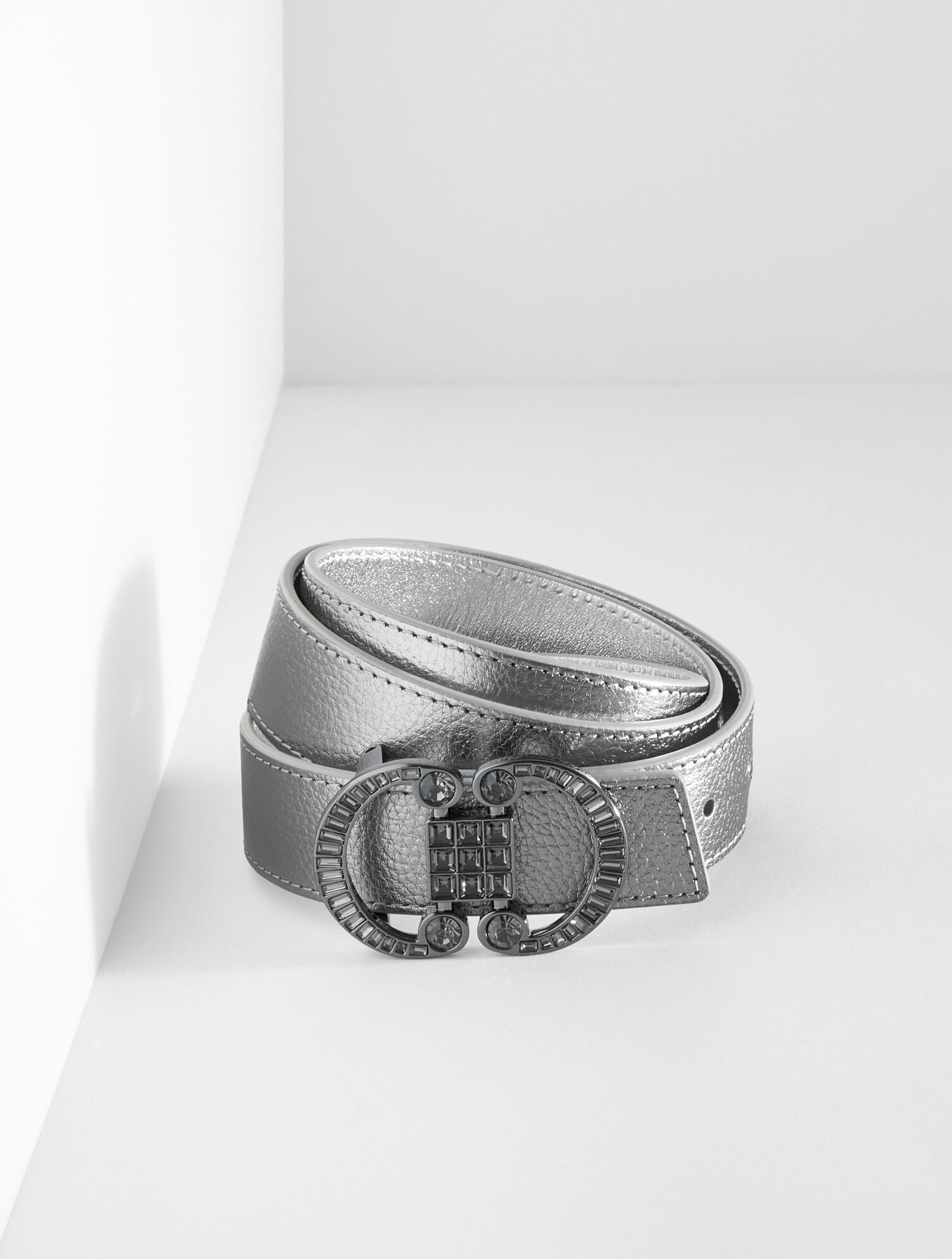 GUNMETAL/SILVER REVERSIBLE METALLIC CRYSTAL PEBBLE LEATHER BELT | Talbots discount