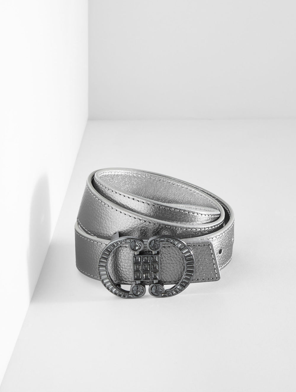 GUNMETAL/SILVER REVERSIBLE METALLIC CRYSTAL PEBBLE LEATHER BELT | Talbots discount
