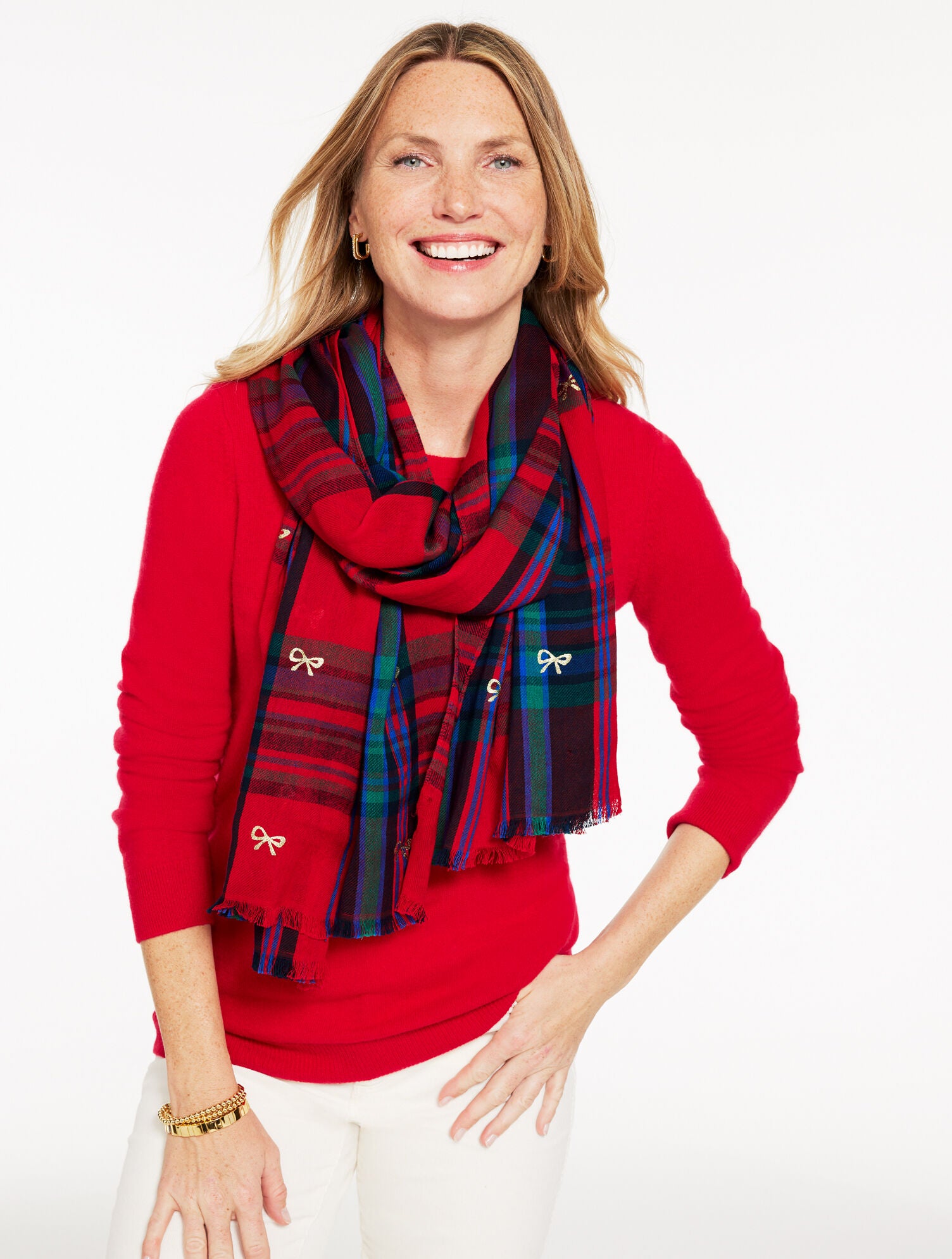 RED POP MULTI WISHFUL PLAID OBLONG SCARF | Talbots online