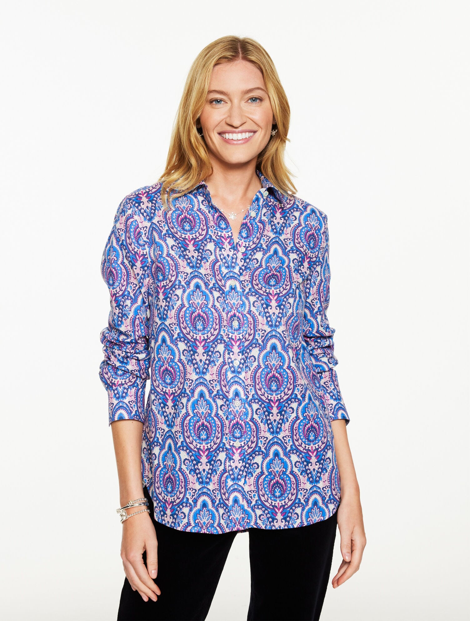 POND BLUE MULTI METALLIC MODERN CLASSIC SHIRT - JOYFUL DAMASK | Talbots discount