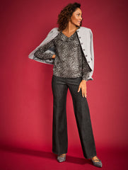 DARK GREY MULTI METALLIC V-NECK TOP - SWIRLY LEOPARD | Talbots online