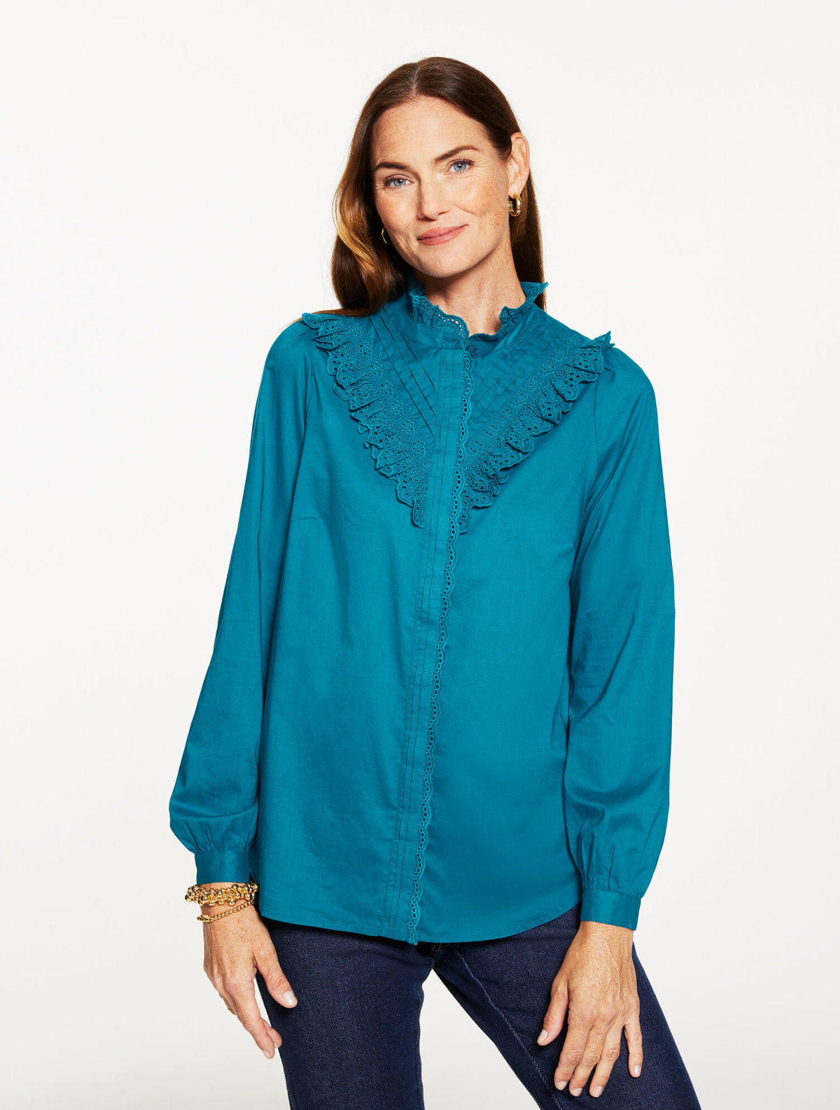 BLUE SPRUCE|SUGARPLUM PURPLE EYELET RUFFLE BUTTON FRONT TOP | Talbots US