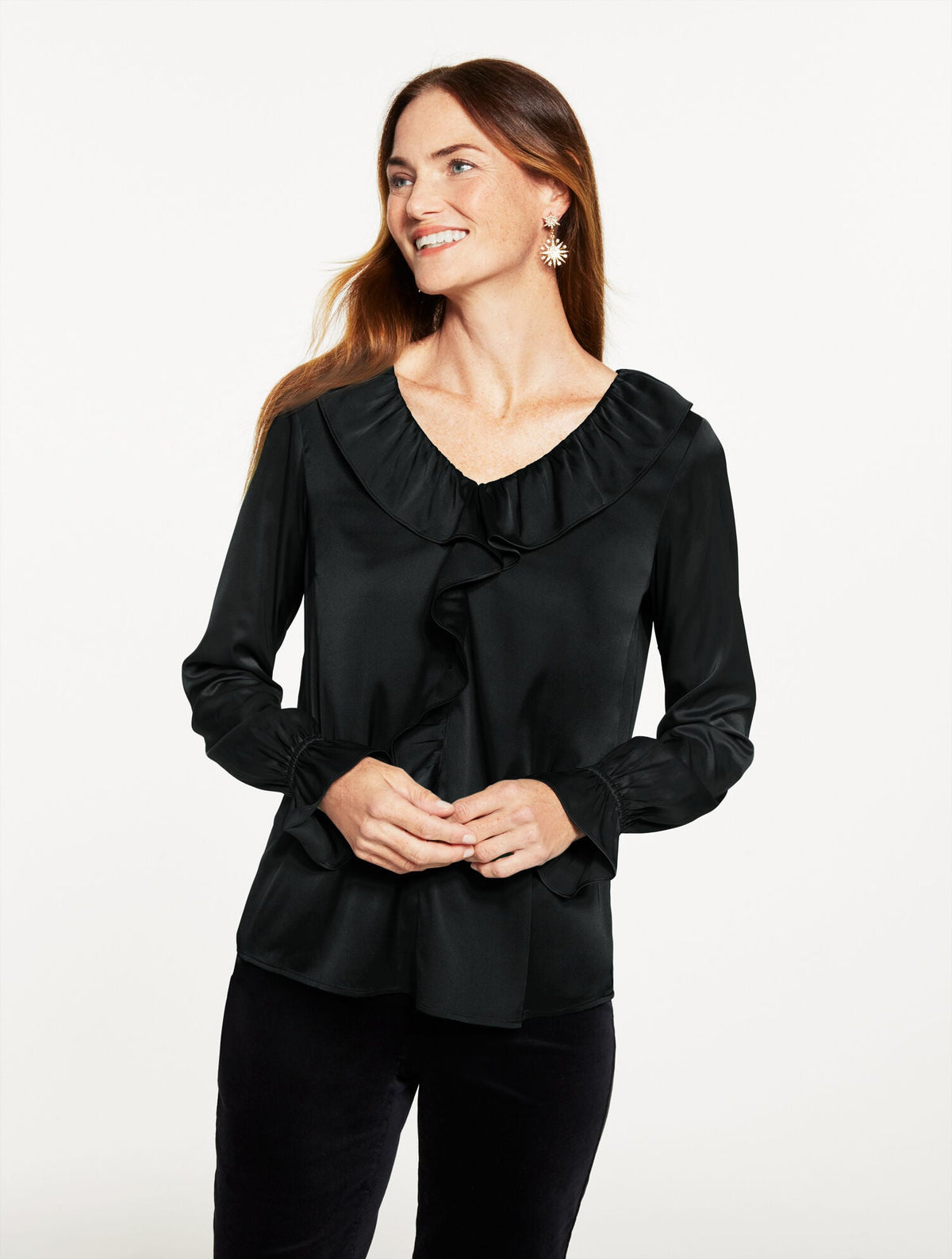 BLACK|LUSH GREEN SOFT SATIN CHARMEUSE RUFFLE TOP | Talbots US