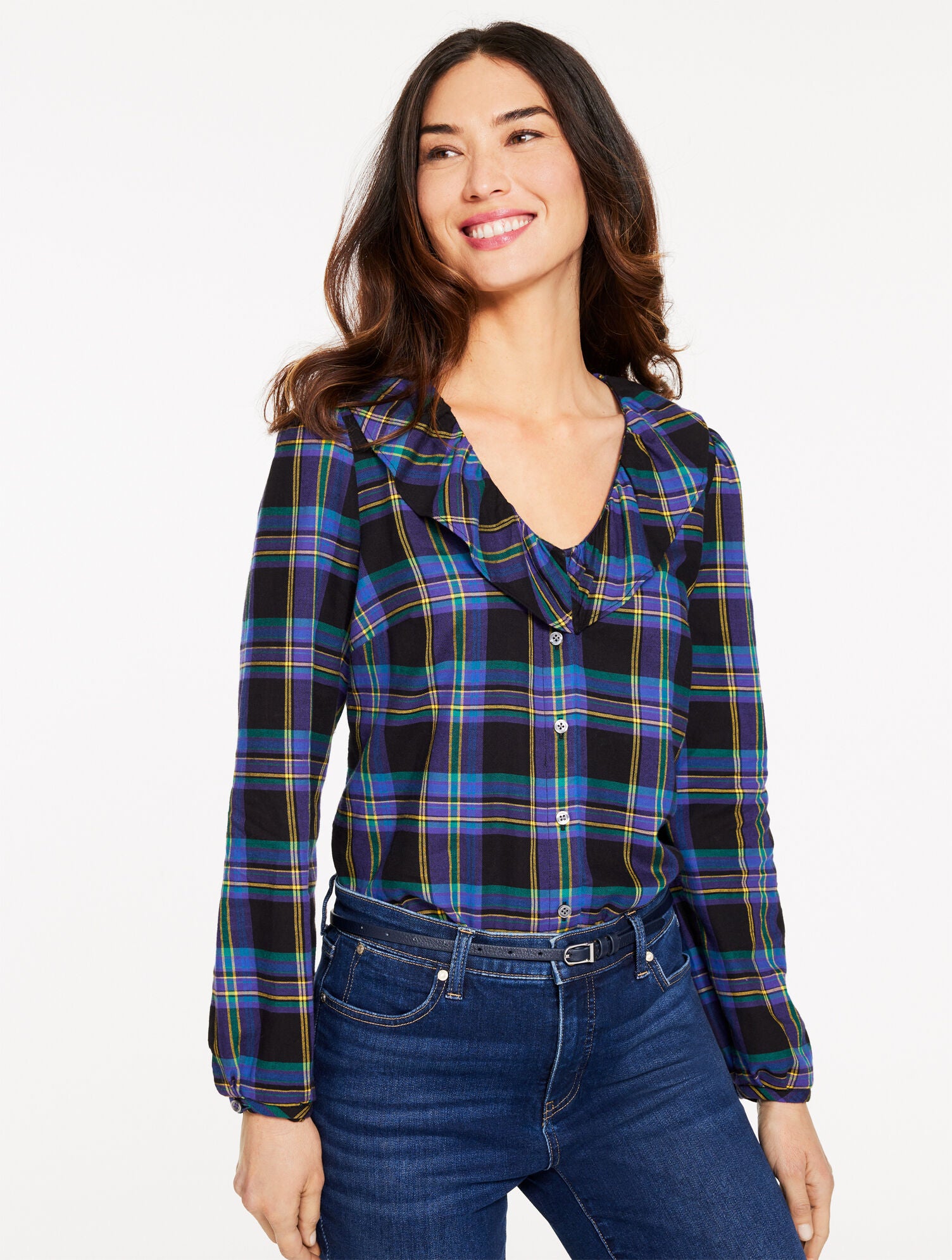 BLACK MULTI RUFFLE BUTTON FRONT TOP - WISHFUL PLAID | Talbots online