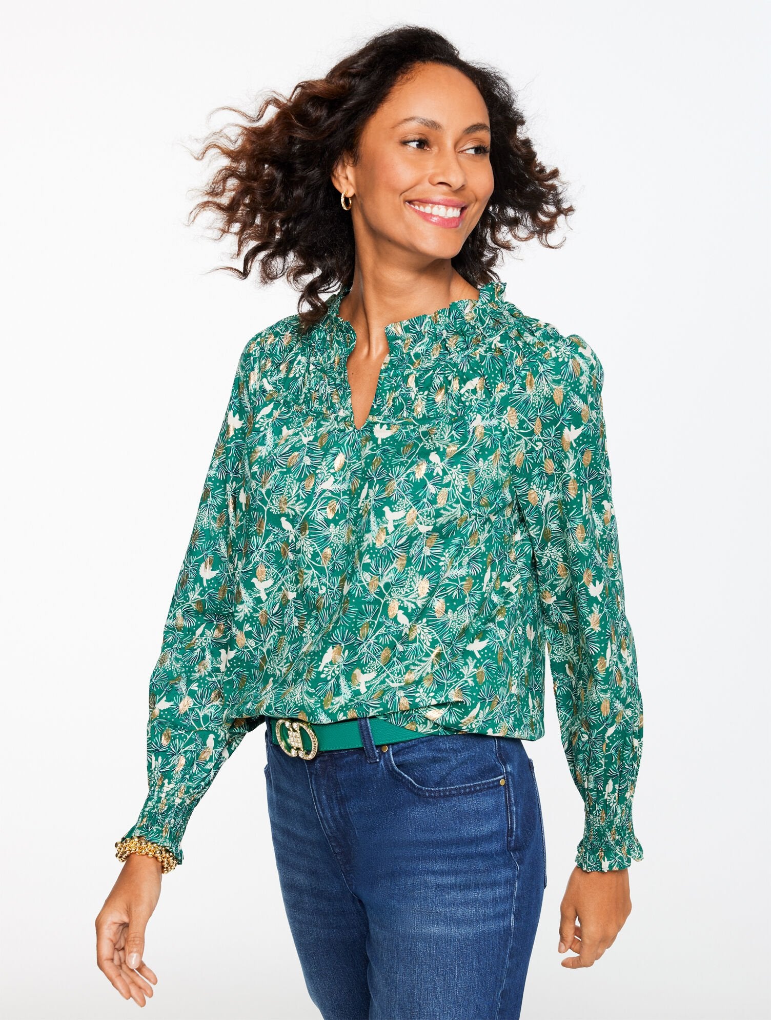 LUSH GREEN MULTI SHIRRED TOP - BIRDS ON BRANCHES | Talbots on sale