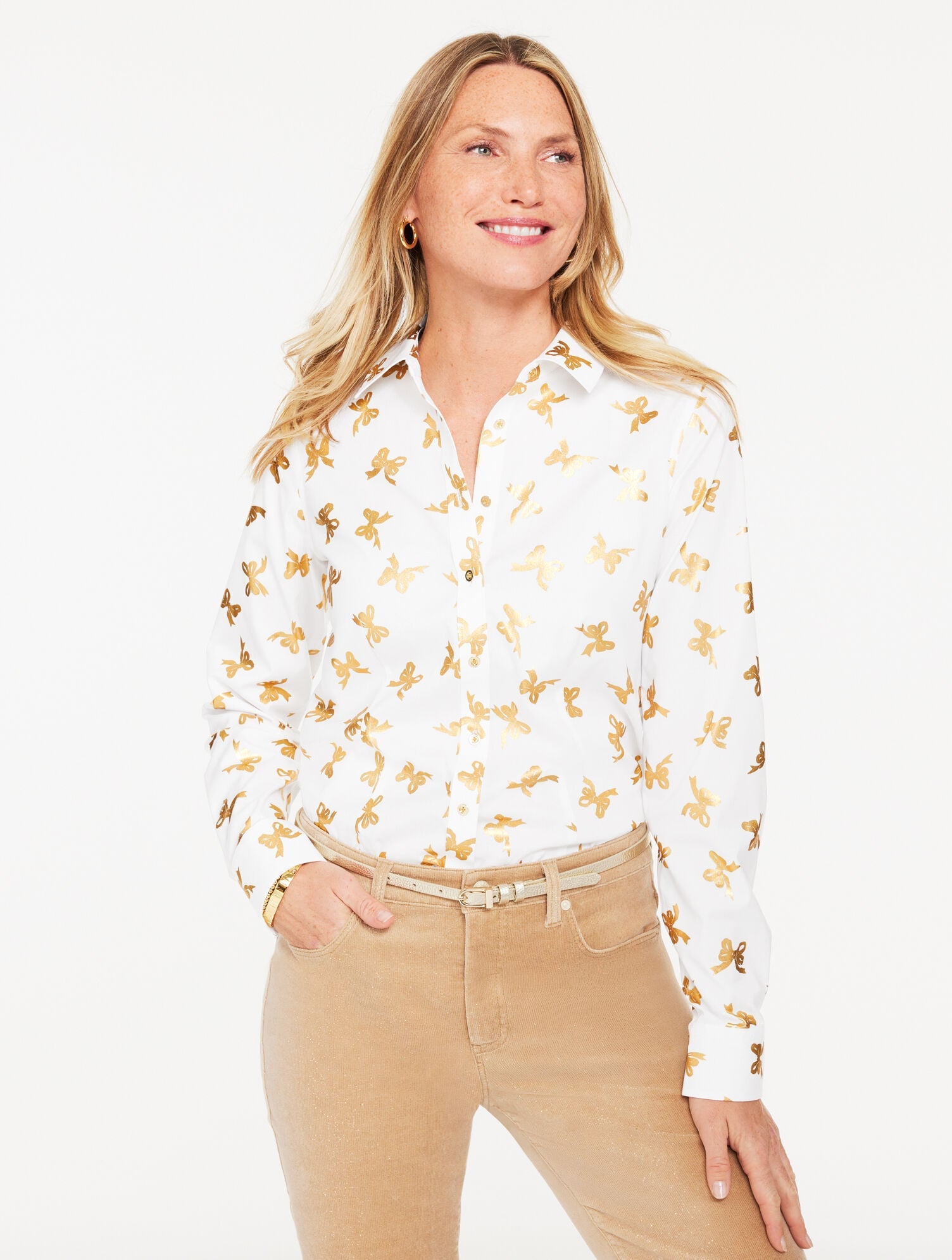 WHITE/GOLD NON-IRON PERFECT SHIRT – BEAUTIFUL BOWS | Talbots sale