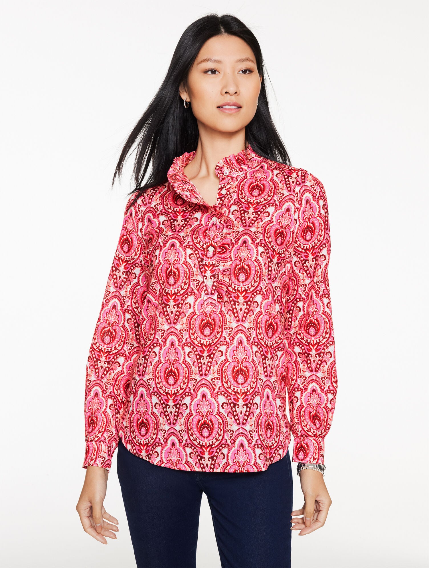 STUNNING PINK MULTI METALLIC RUFFLE POPOVER - JOYFUL DAMASK | Talbots outlet