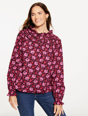 RICH BURGUNDY MULTI VELVET TRIM SMOCKED TOP - LUMINOUS FLORAL | Talbots near me