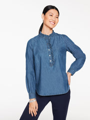 CELESTIAL BLUE WASH RUFFLE NECK DENIM POPOVER | Talbots online