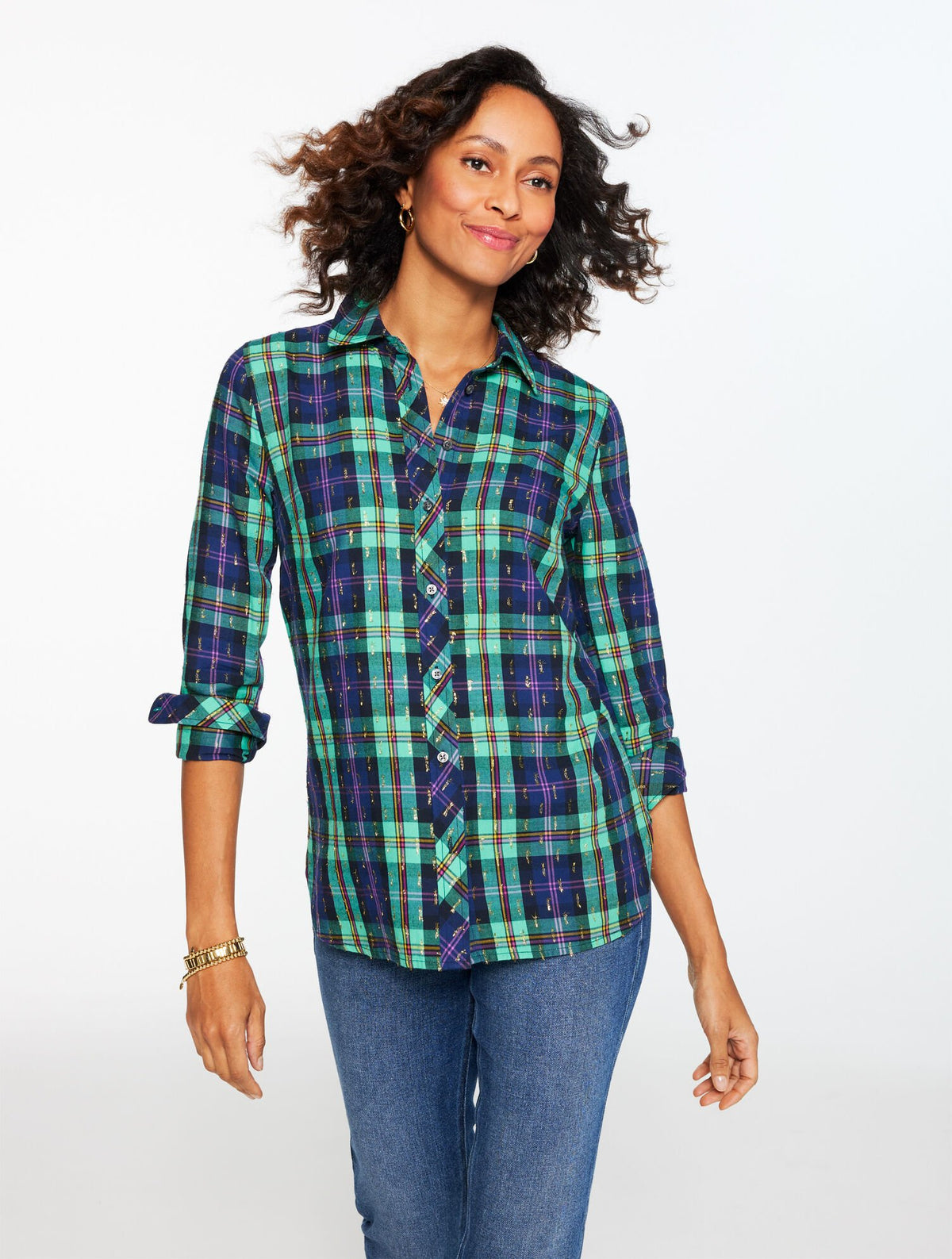 INDIA INK MULTI METALLIC MODERN CLASSIC SHIRT - CHEERFUL PLAID | Talbots discount