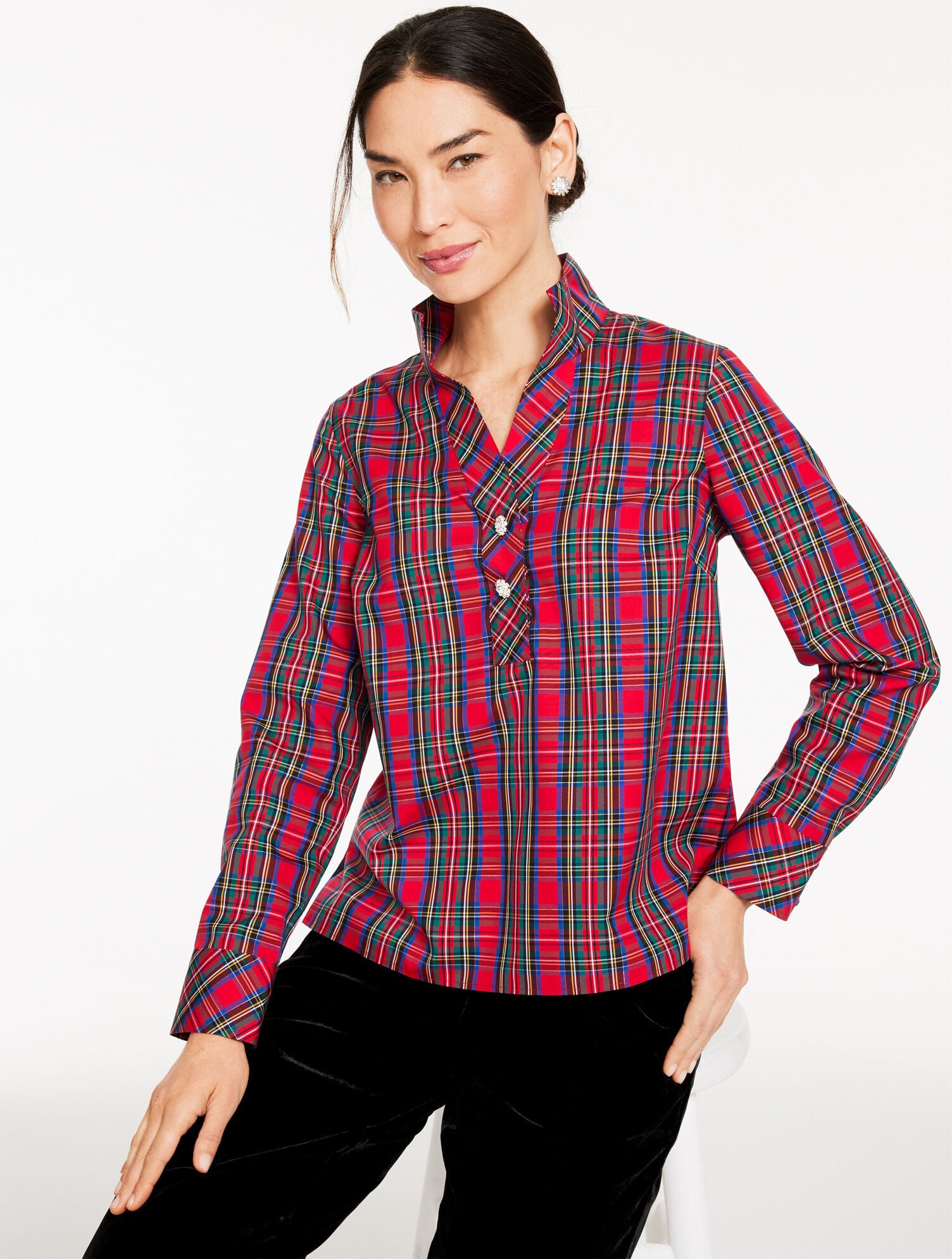 RED POP MULTI RHINESTONE NON-IRON POPOVER - BLISSFUL PLAID | Talbots US
