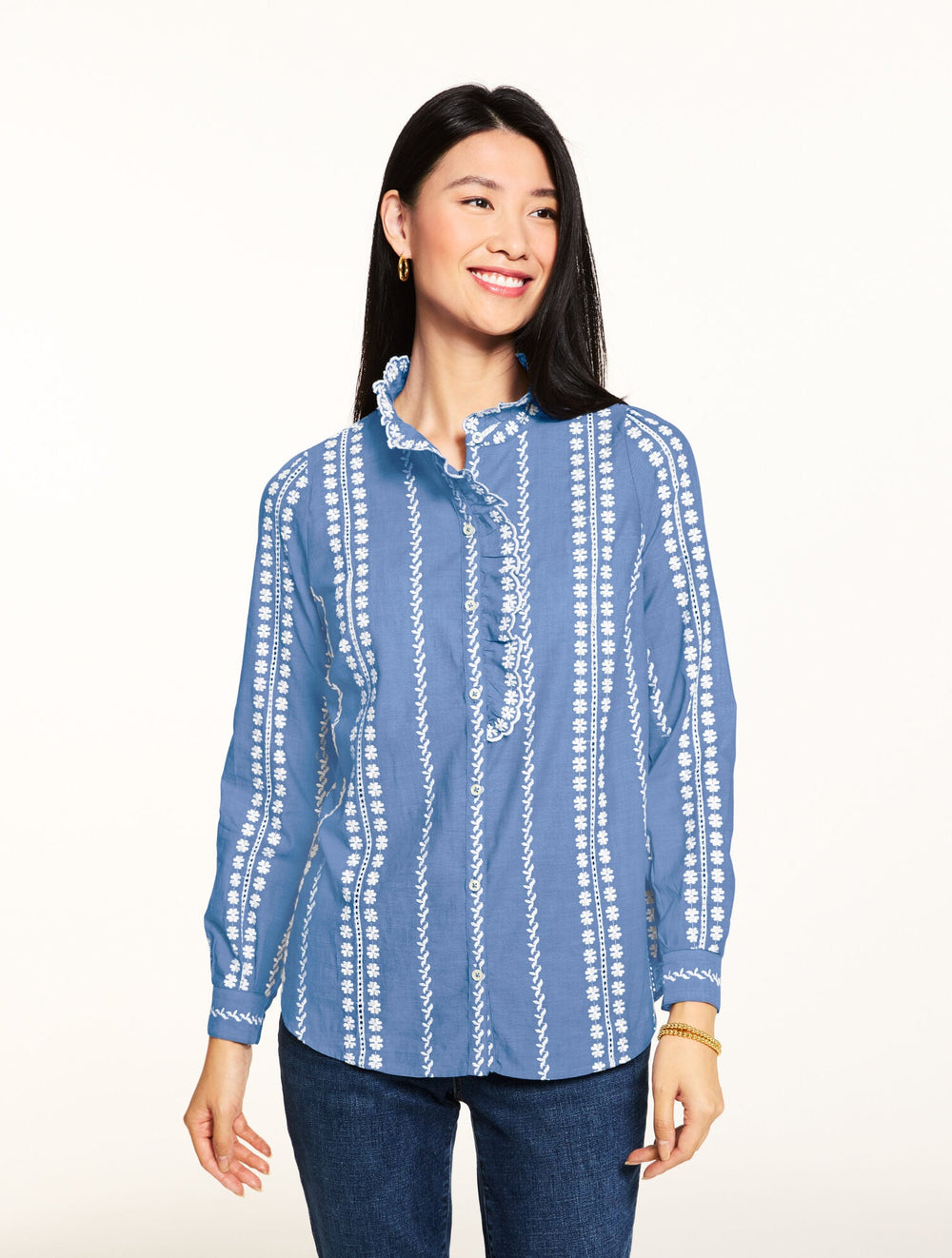 CHAMBRAY BLUE EMBROIDERED RUFFLE TOP | Talbots US
