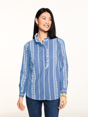 CHAMBRAY BLUE EMBROIDERED RUFFLE TOP | Talbots US